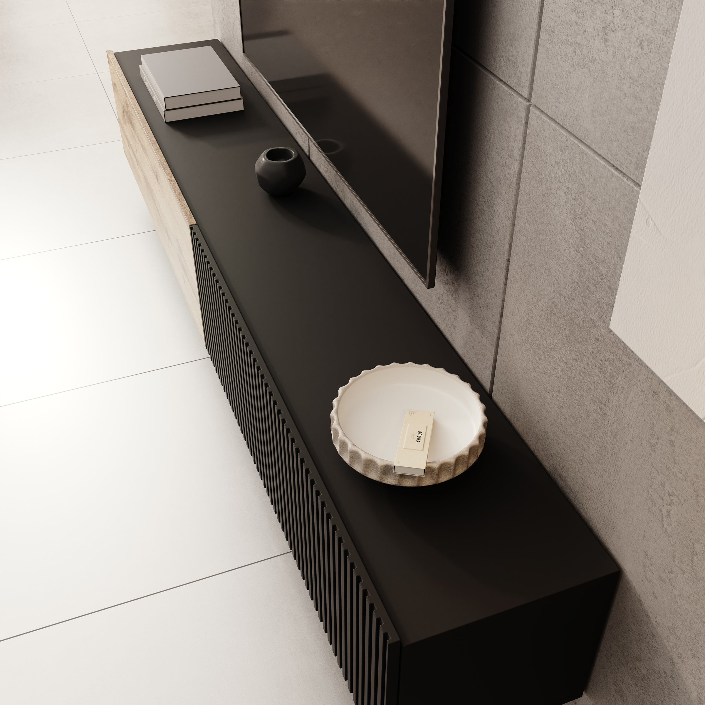 Cruzar - TV-Meubel - Zwart/Eiken - 200x30x31 cm