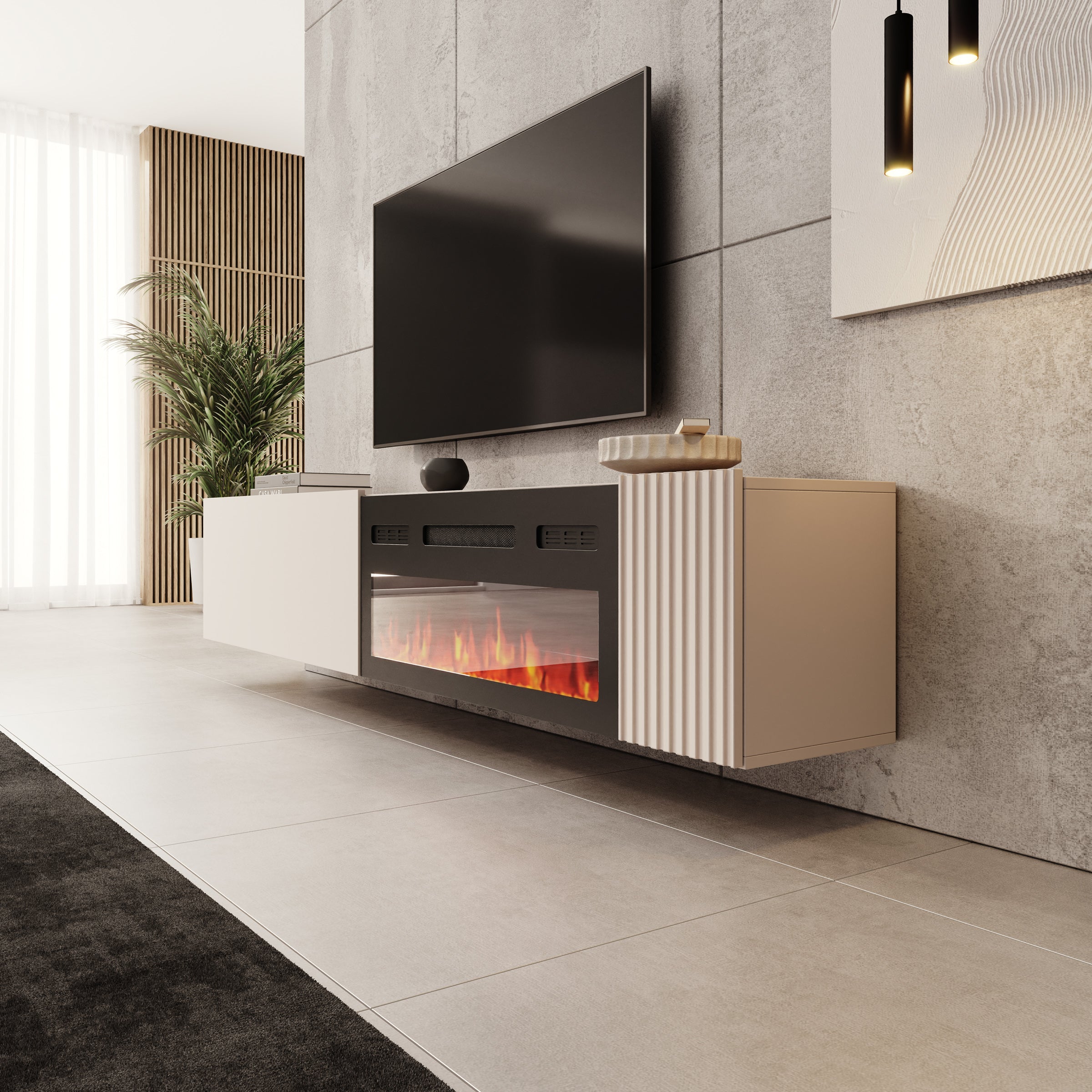 Cruzar - TV-Meubel met sfeerhaard - Beige - 200x30x38 cm