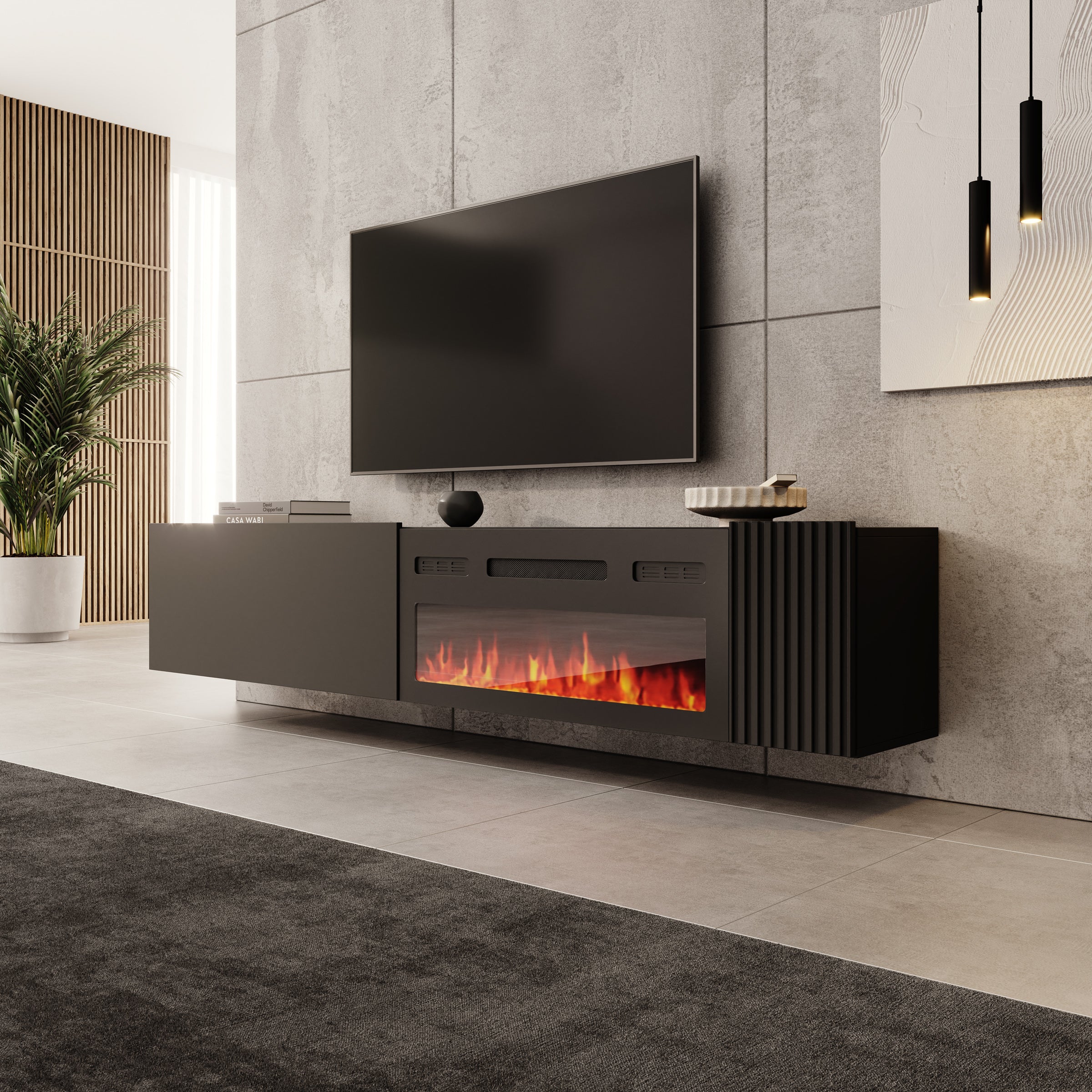 Cruzar - TV-Meubel met sfeerhaard - Zwart - 200x30x38 cm