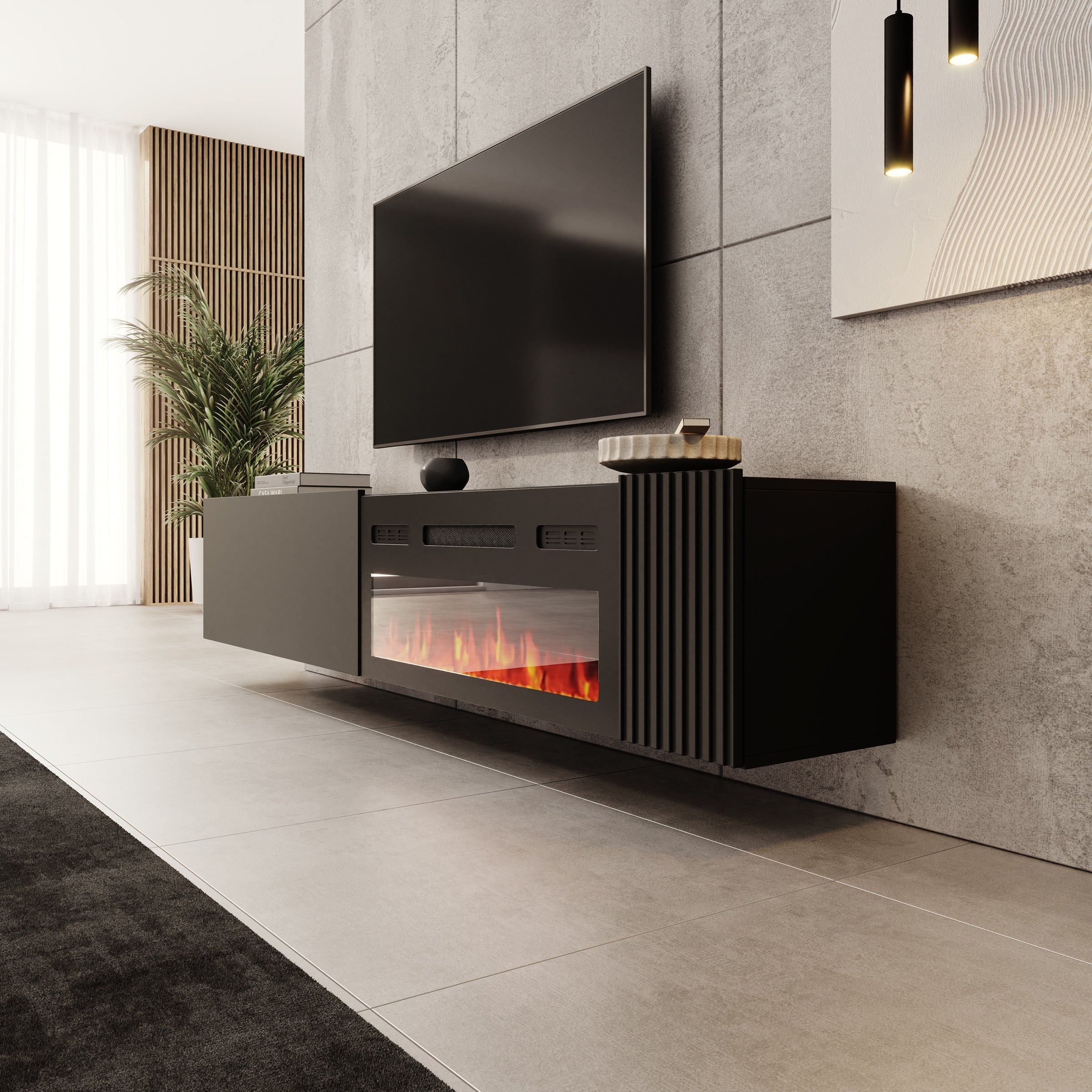 Cruzar - TV-Meubel met sfeerhaard - Zwart - 200x30x38 cm