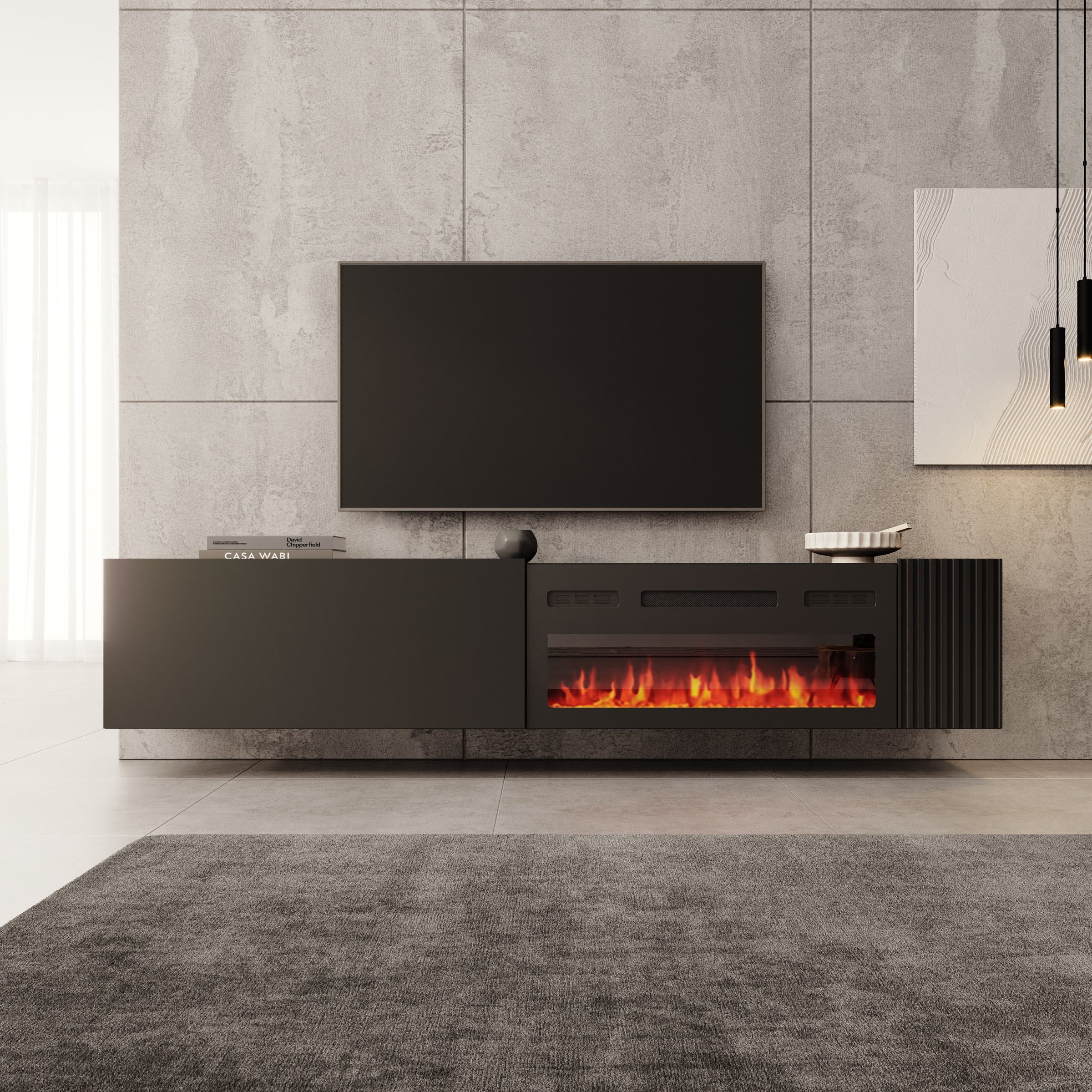 Cruzar - TV-Meubel met sfeerhaard - Zwart - 200x30x38 cm