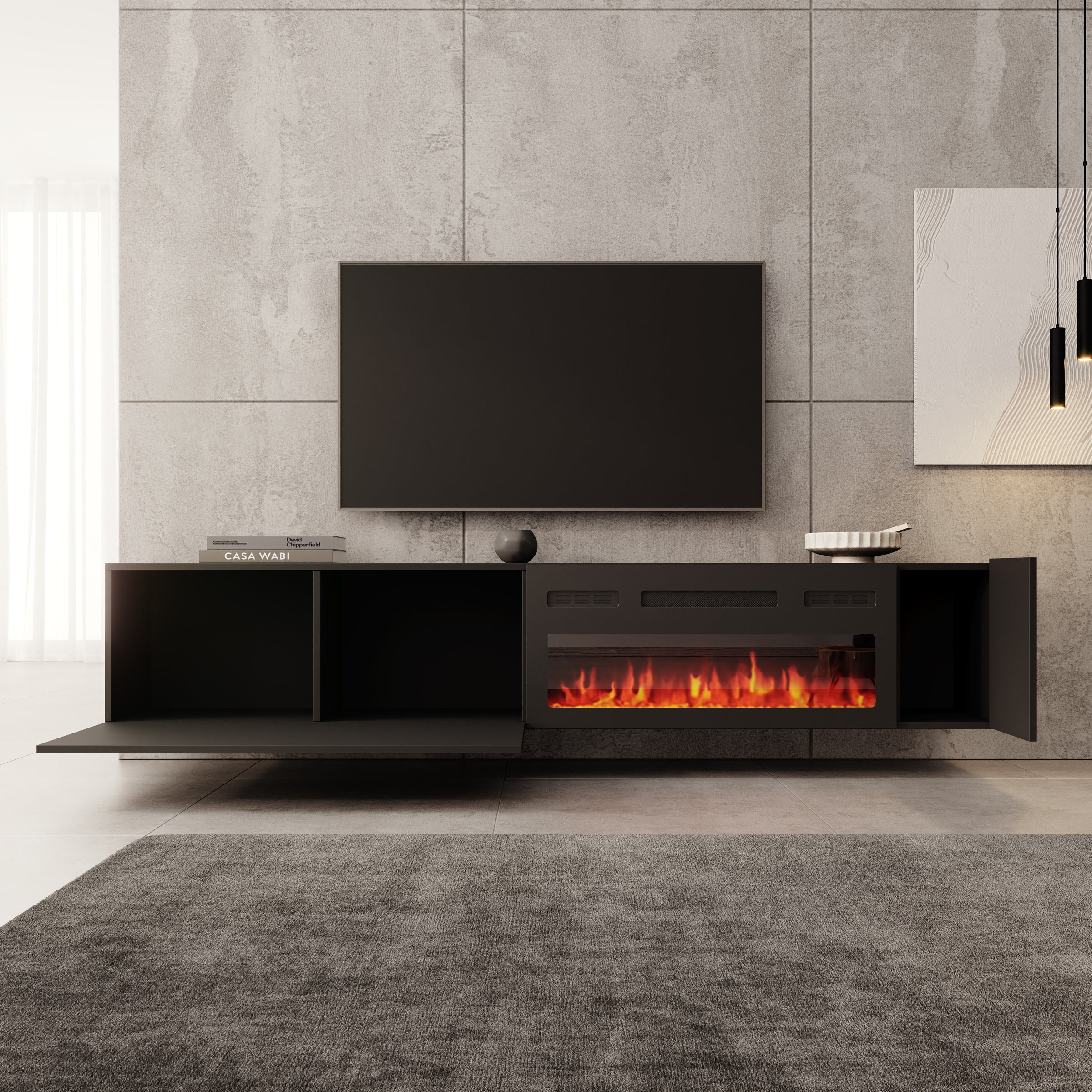 Cruzar - TV-Meubel met sfeerhaard - Zwart - 200x30x38 cm