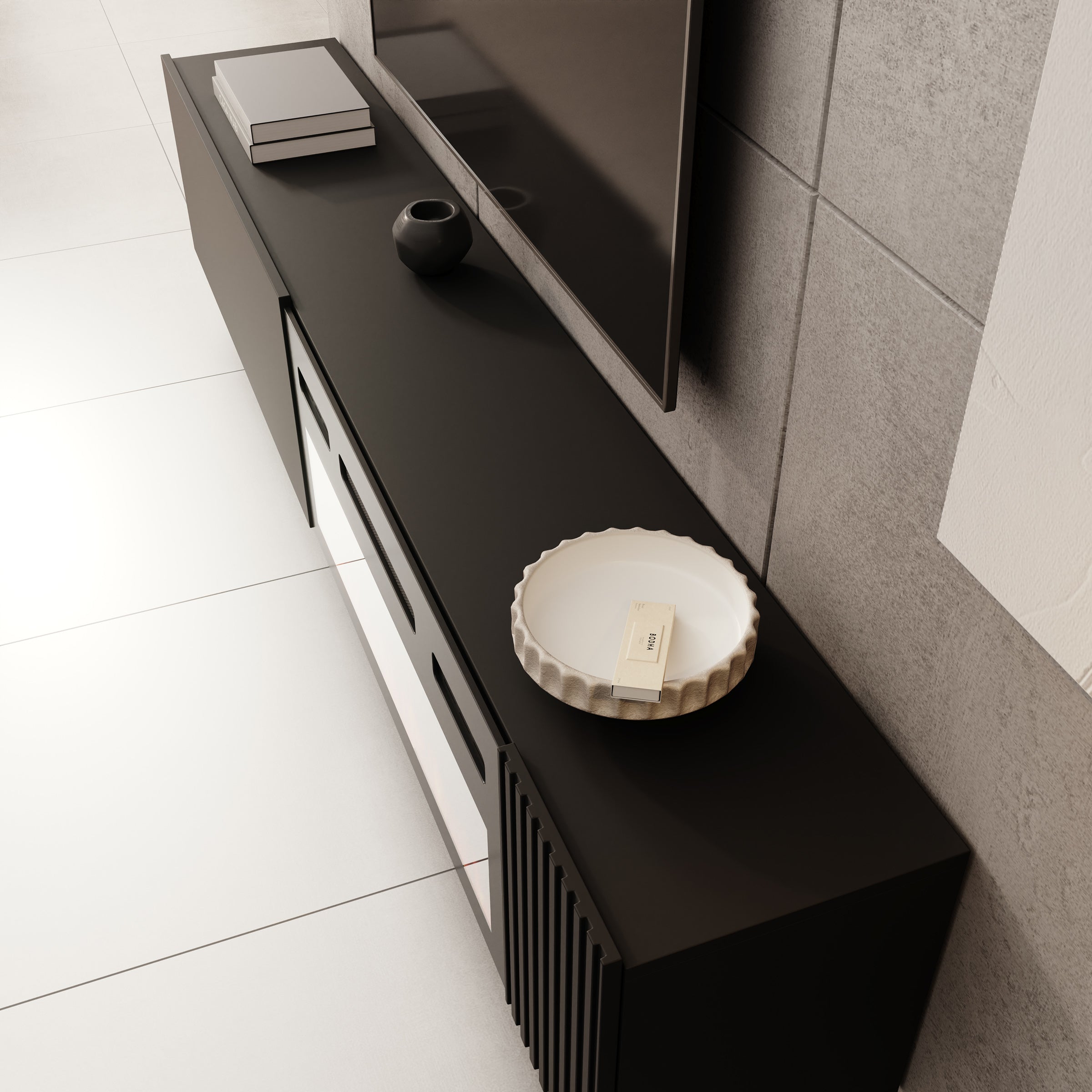 Cruzar - TV-Meubel met sfeerhaard - Zwart - 200x30x38 cm