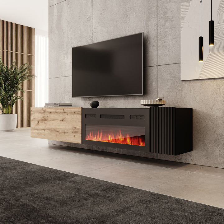 Cruzar - TV-Meubel met sfeerhaard - Zwart/Eiken - 200x30x38 cm