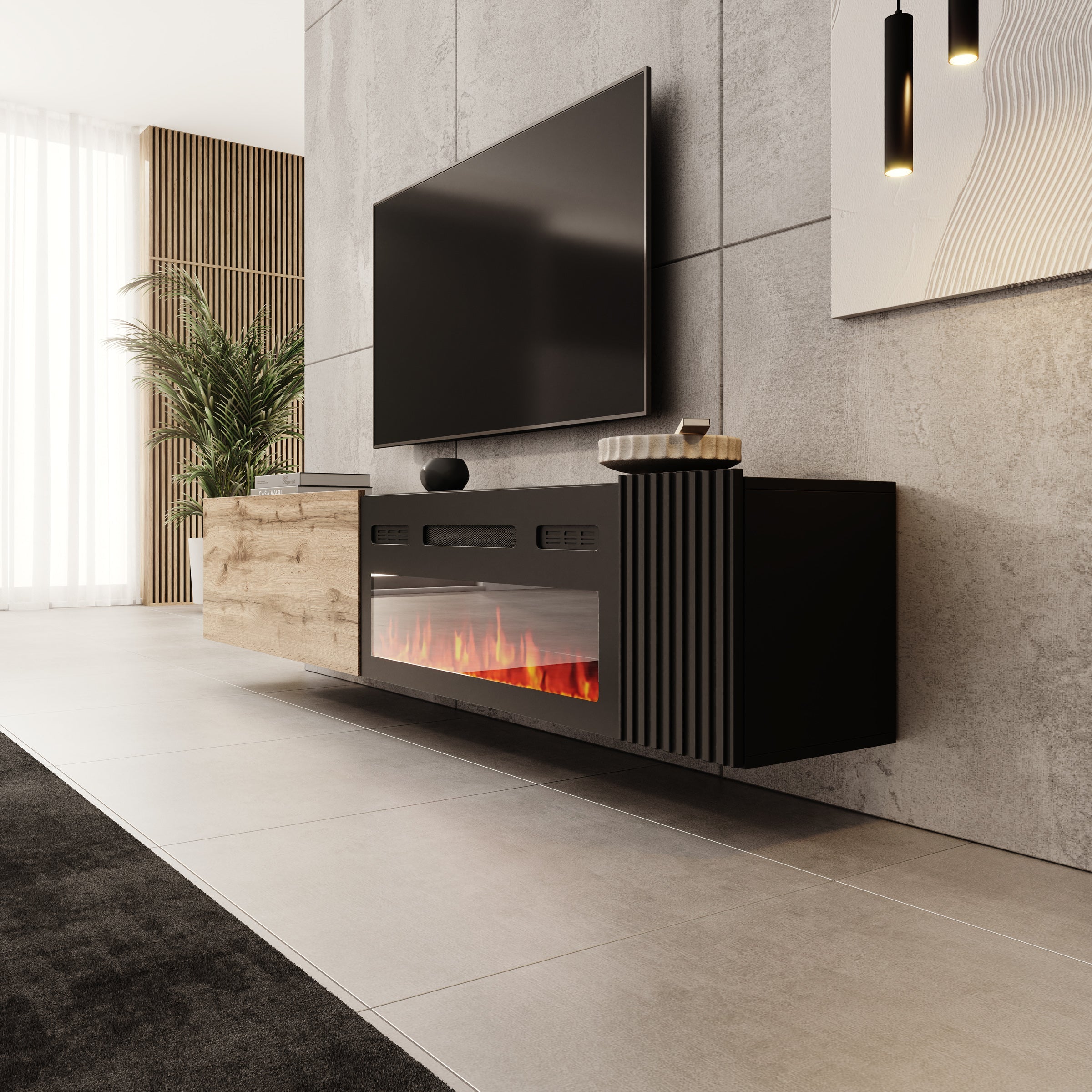 Cruzar - TV-Meubel met sfeerhaard - Zwart/Eiken - 200x30x38 cm