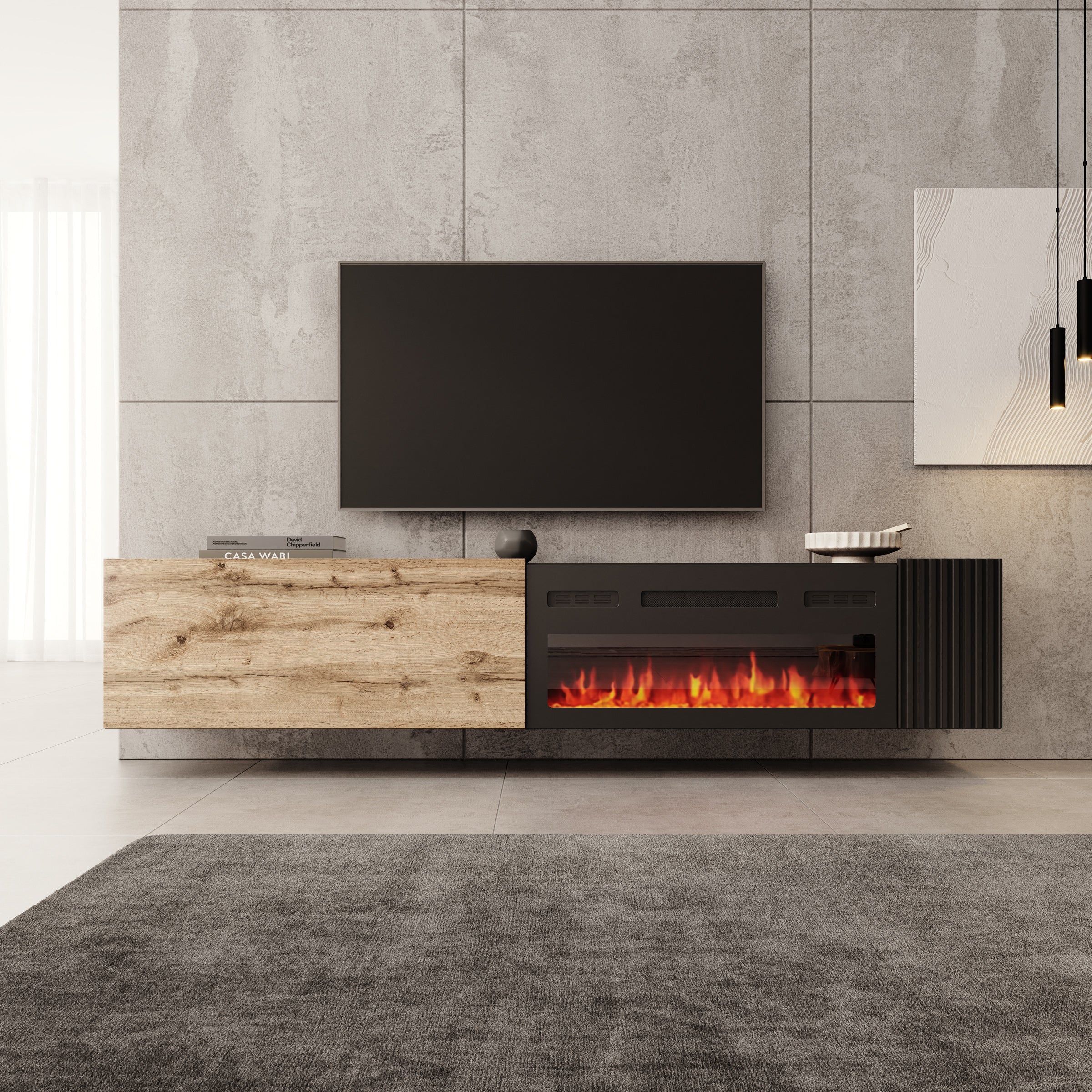 Cruzar - TV-Meubel met sfeerhaard - Zwart/Eiken - 200x30x38 cm