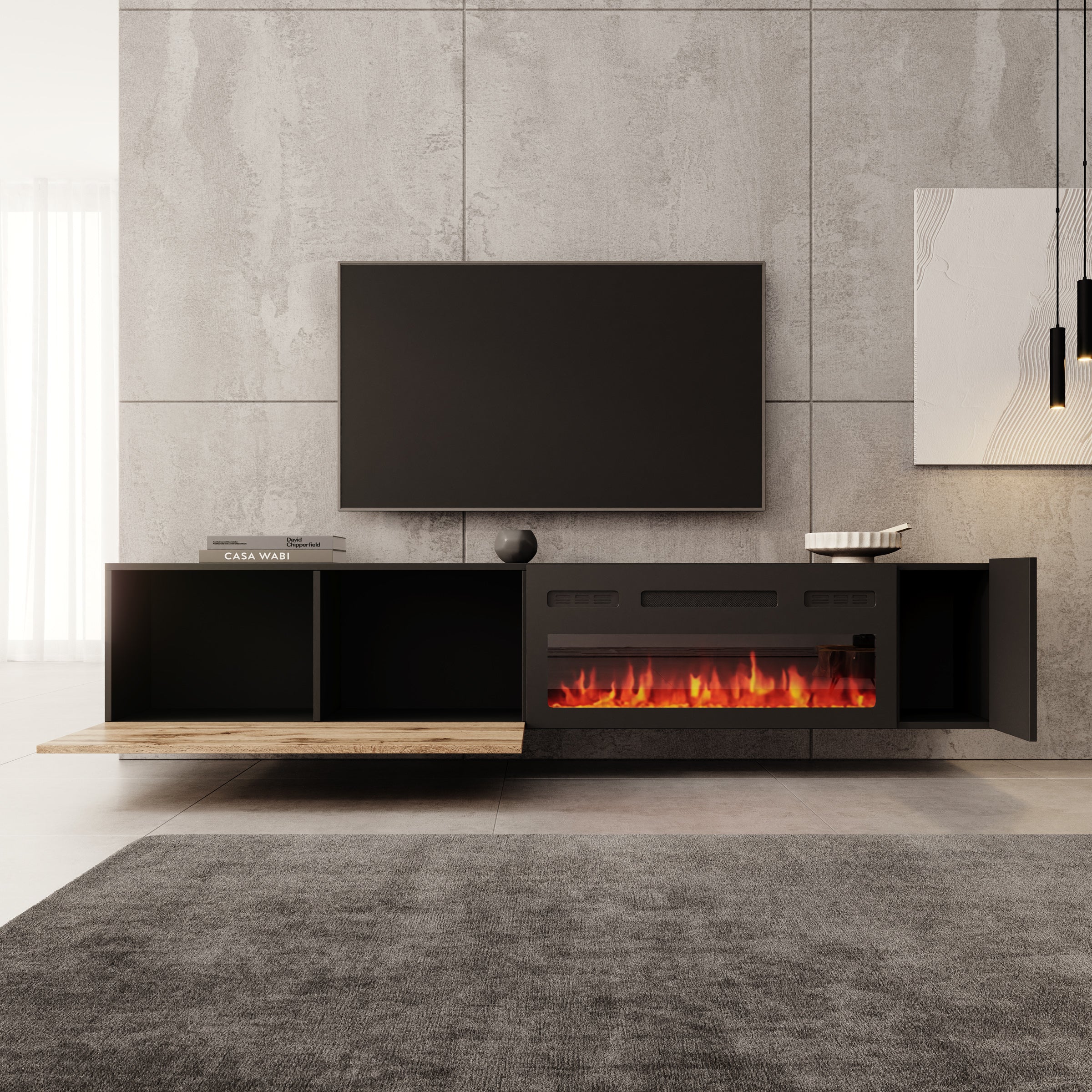 Cruzar - TV-Meubel met sfeerhaard - Zwart/Eiken - 200x30x38 cm