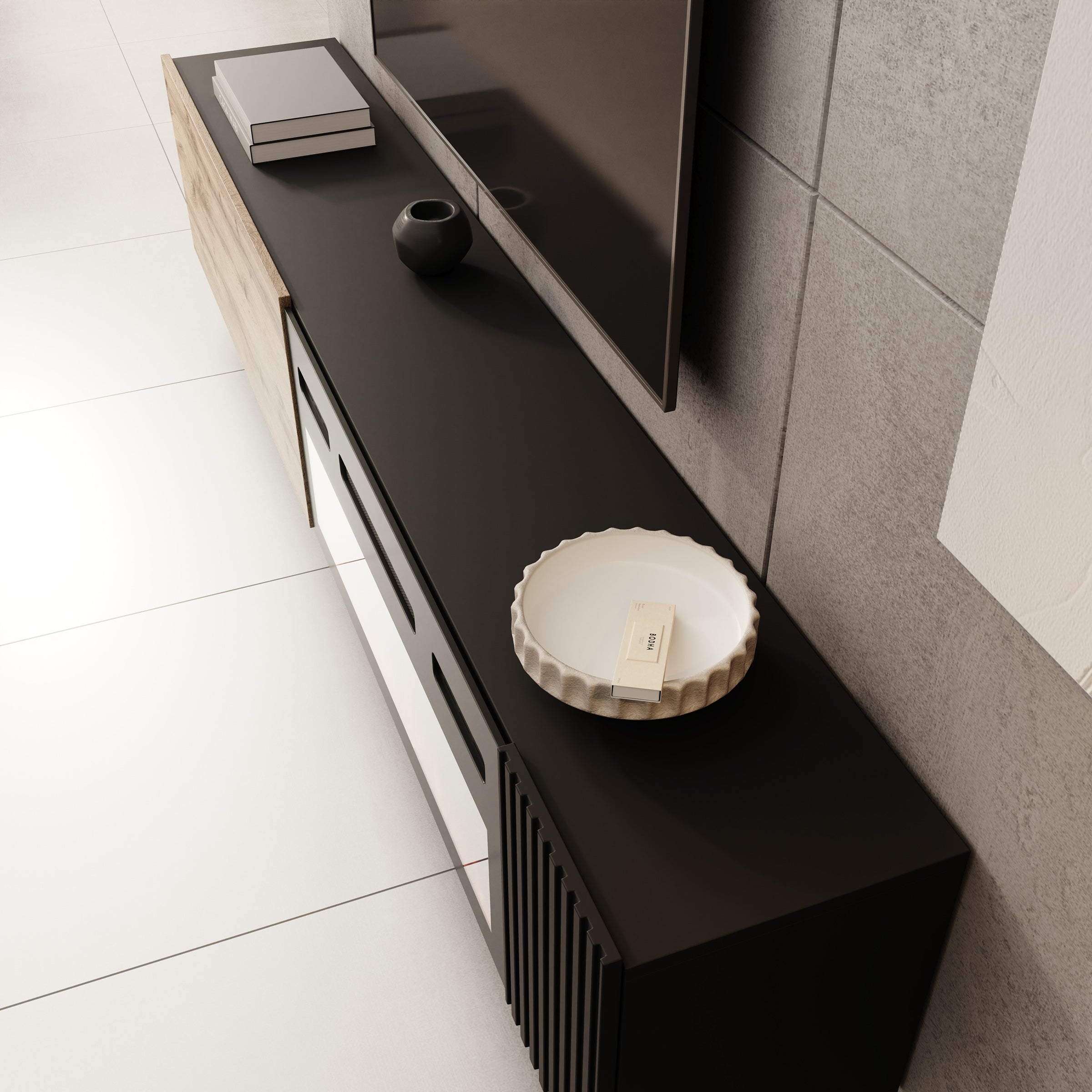 Cruzar - TV-Meubel met sfeerhaard - Zwart/Eiken - 200x30x38 cm