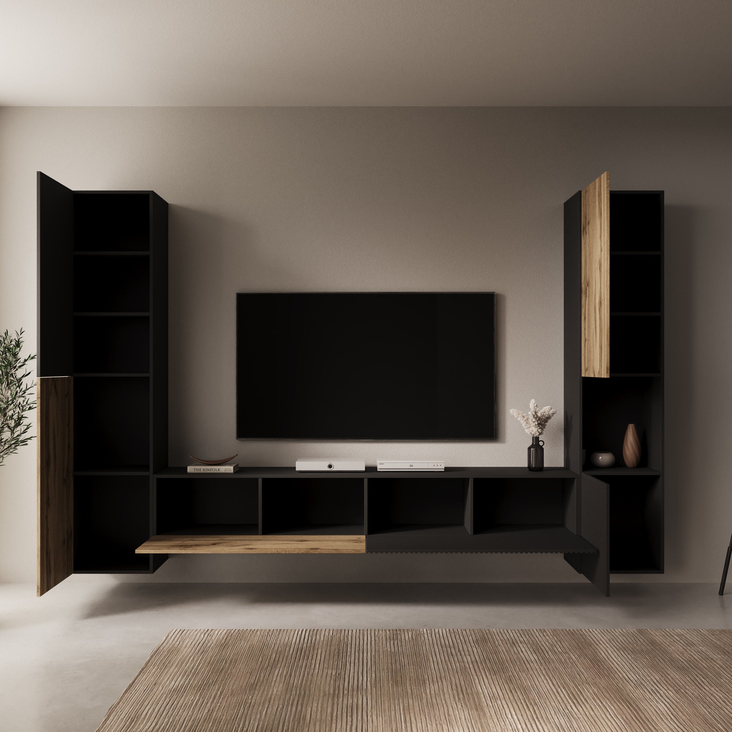 Cruzar - Wandmeubel - Zwart/Eiken - 280x30x180 cm