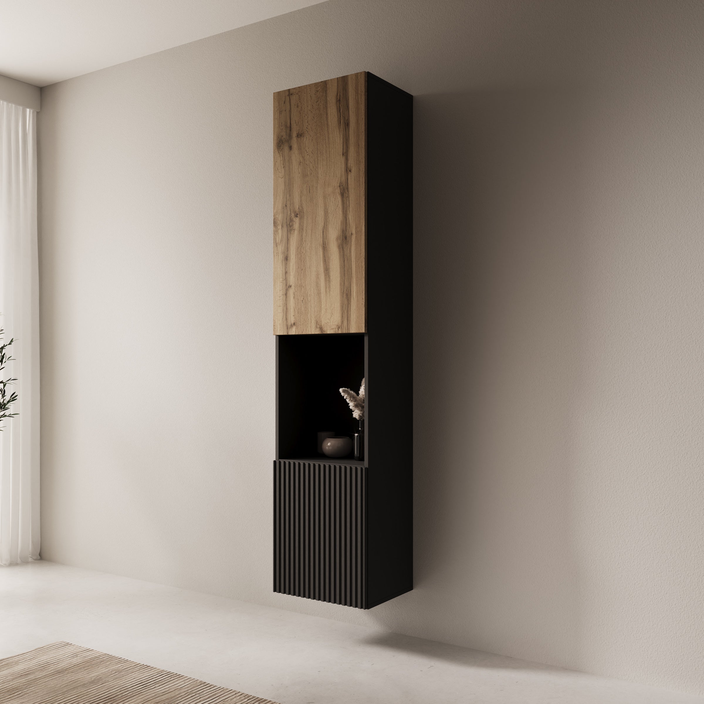 Cruzar 2 - Vitrinekast - Zwart/Eiken - 40x30x180 cm