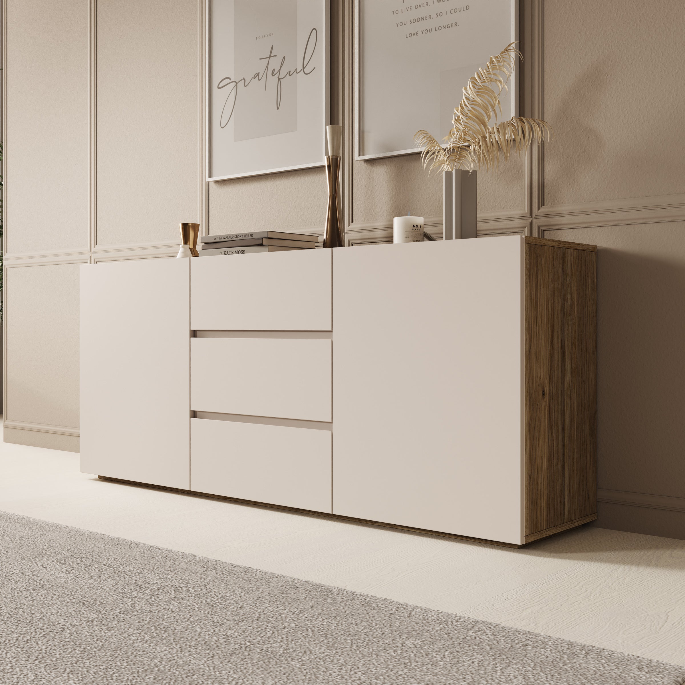 Cumi - Dressoir - Beige/Eikenpatroon - 150x34x64 cm