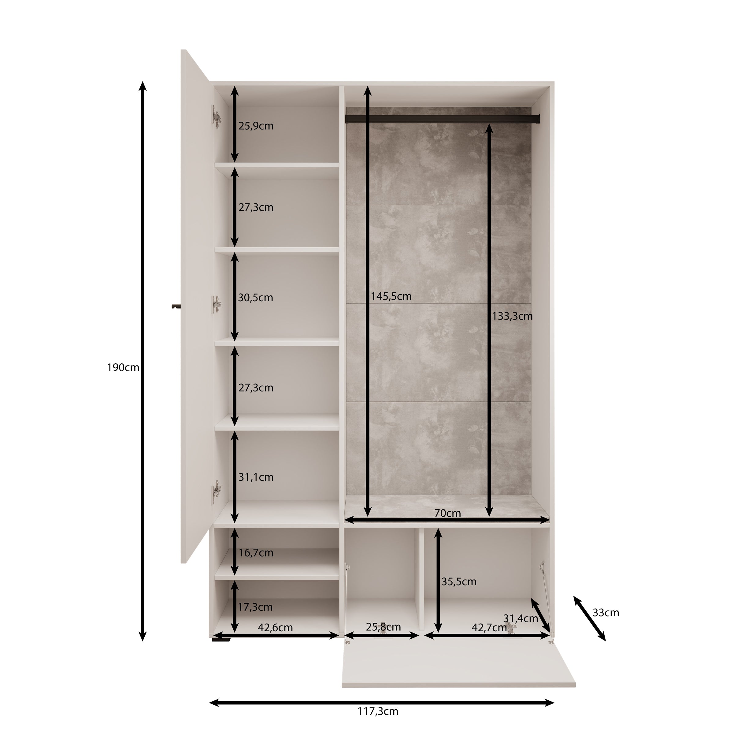 Deacon - Halkast 1 deur - Wit - 117x33x190 cm