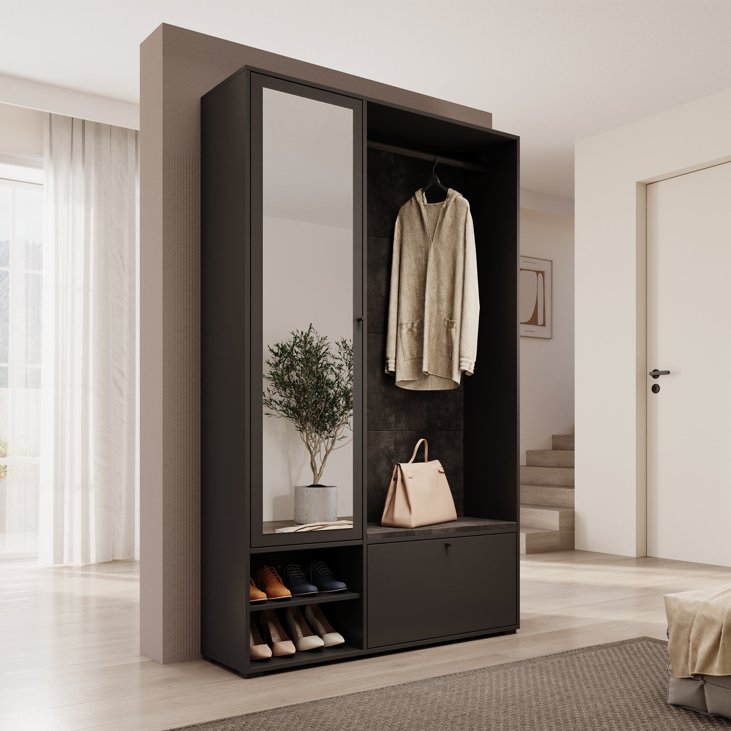 Deacon - Halkast 1 deur - Zwart - 117x33x190 cm