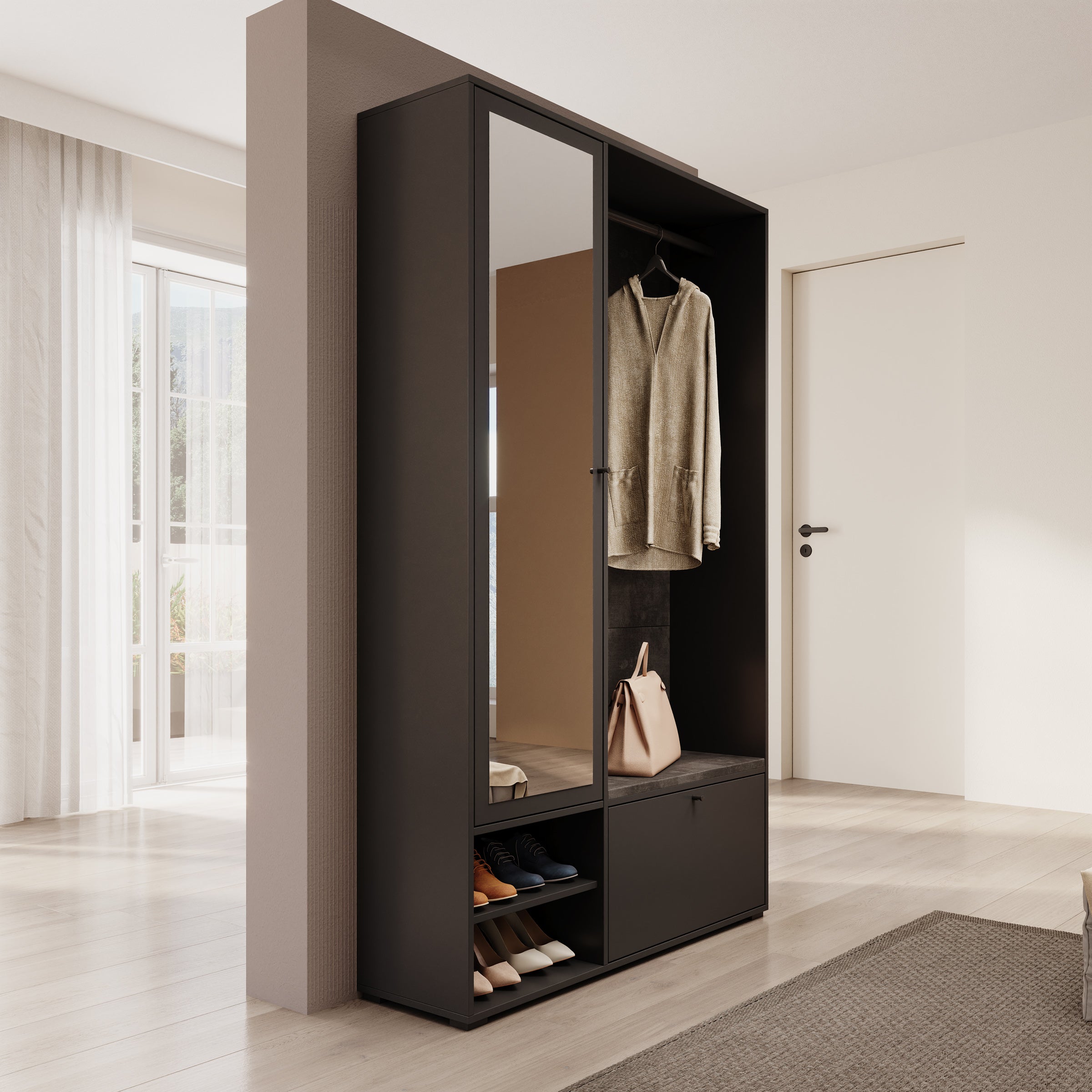 Deacon - Halkast 1 deur - Zwart - 117x33x190 cm
