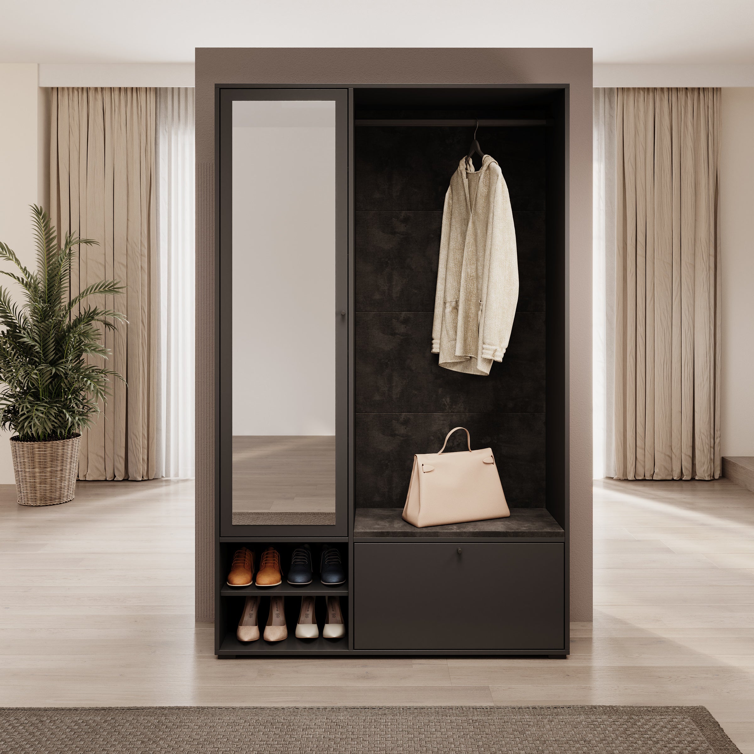 Deacon - Halkast 1 deur - Zwart - 117x33x190 cm