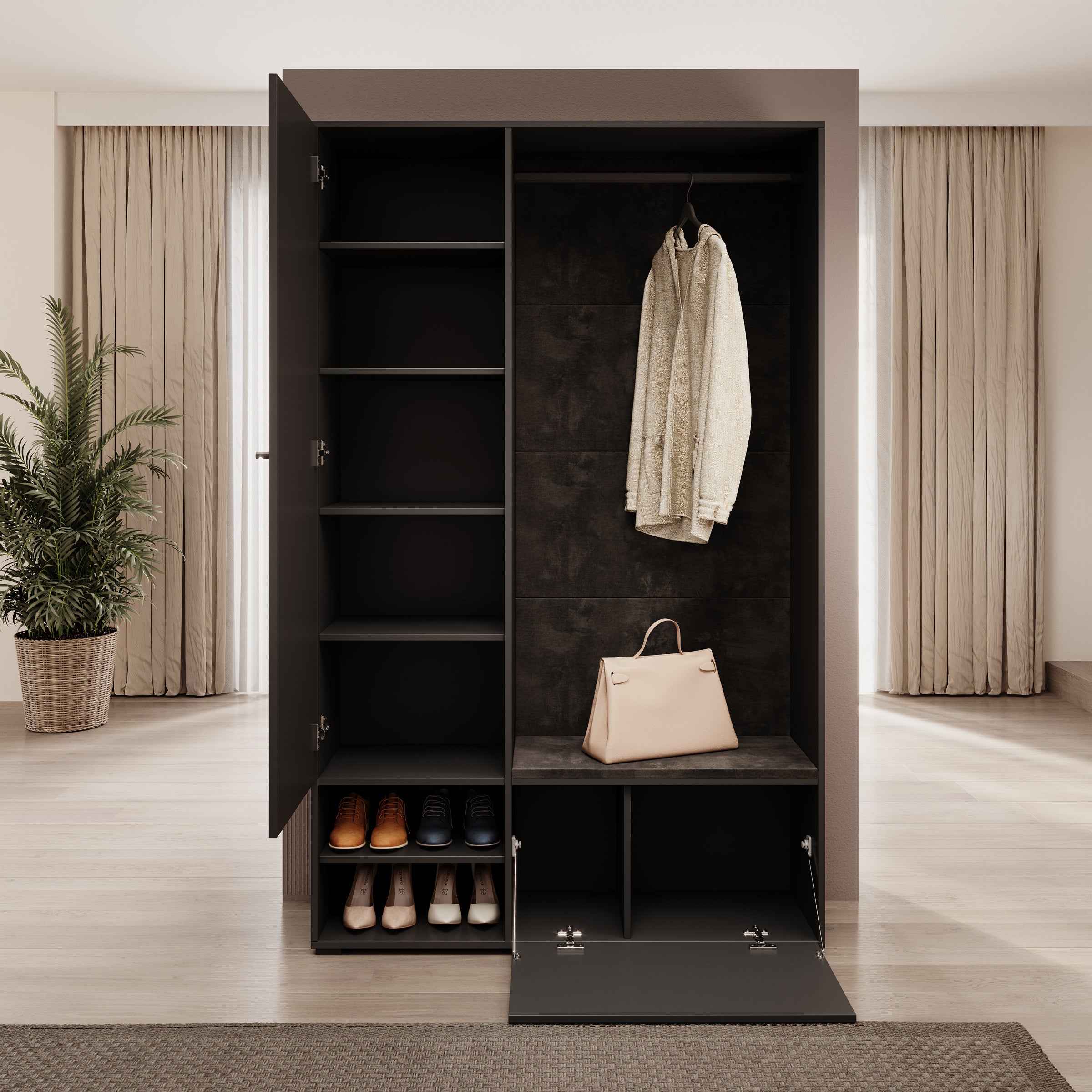 Deacon - Halkast 1 deur - Zwart - 117x33x190 cm
