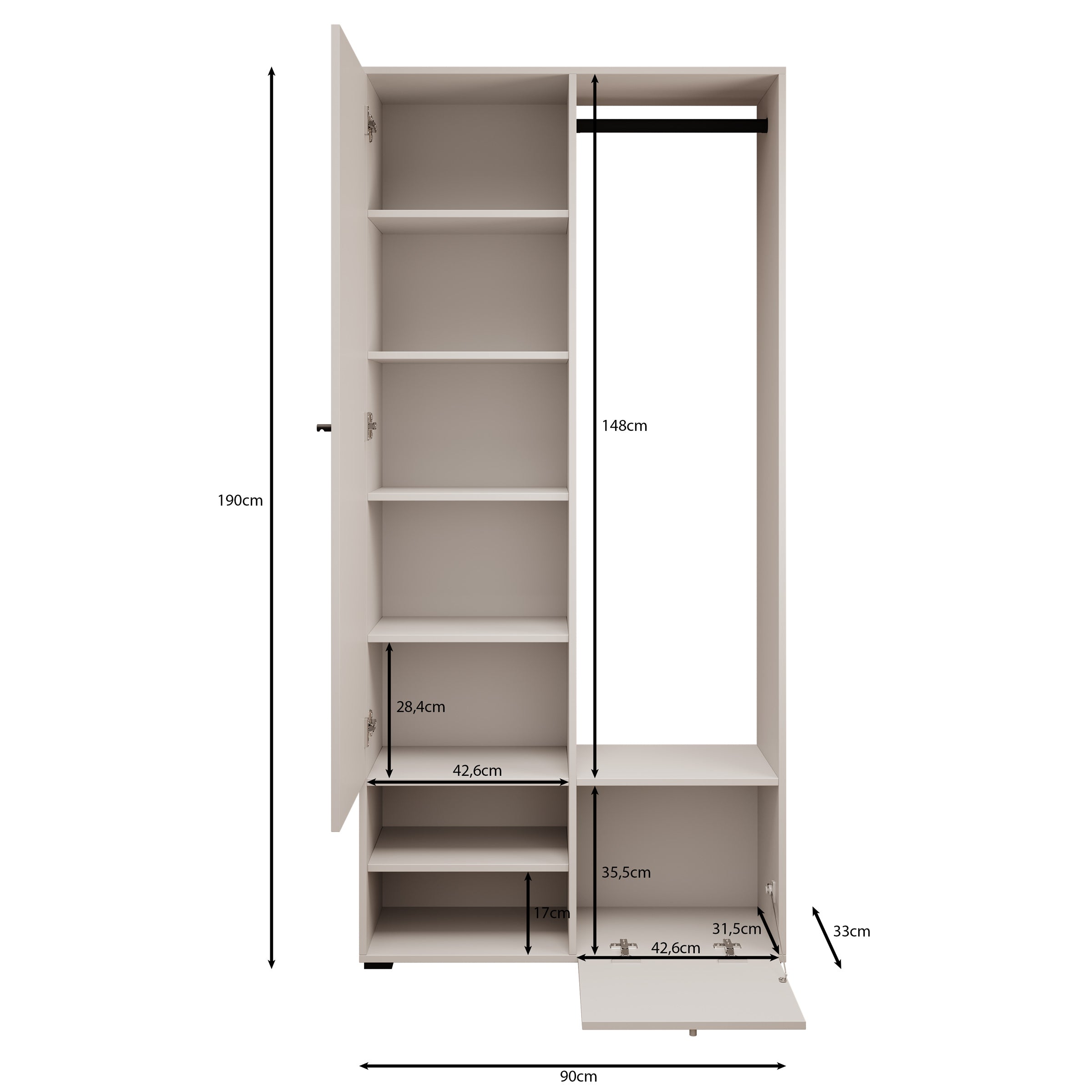 Deacon - Halkast met 2 deuren - Zwart - 90x33x190 cm