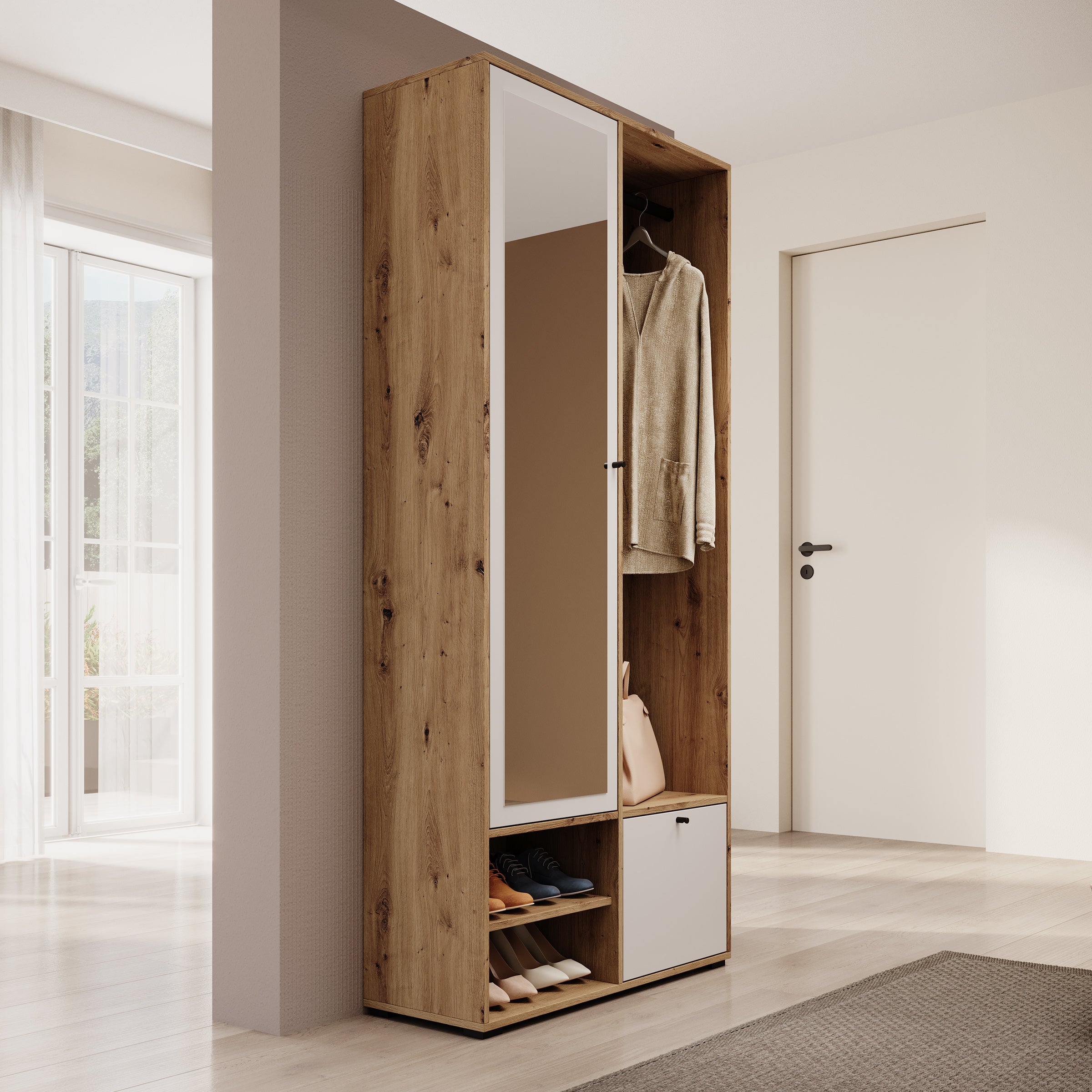 Deacon - Halkast met 2 deuren - Eiken/Wit - 90x33x190 cm