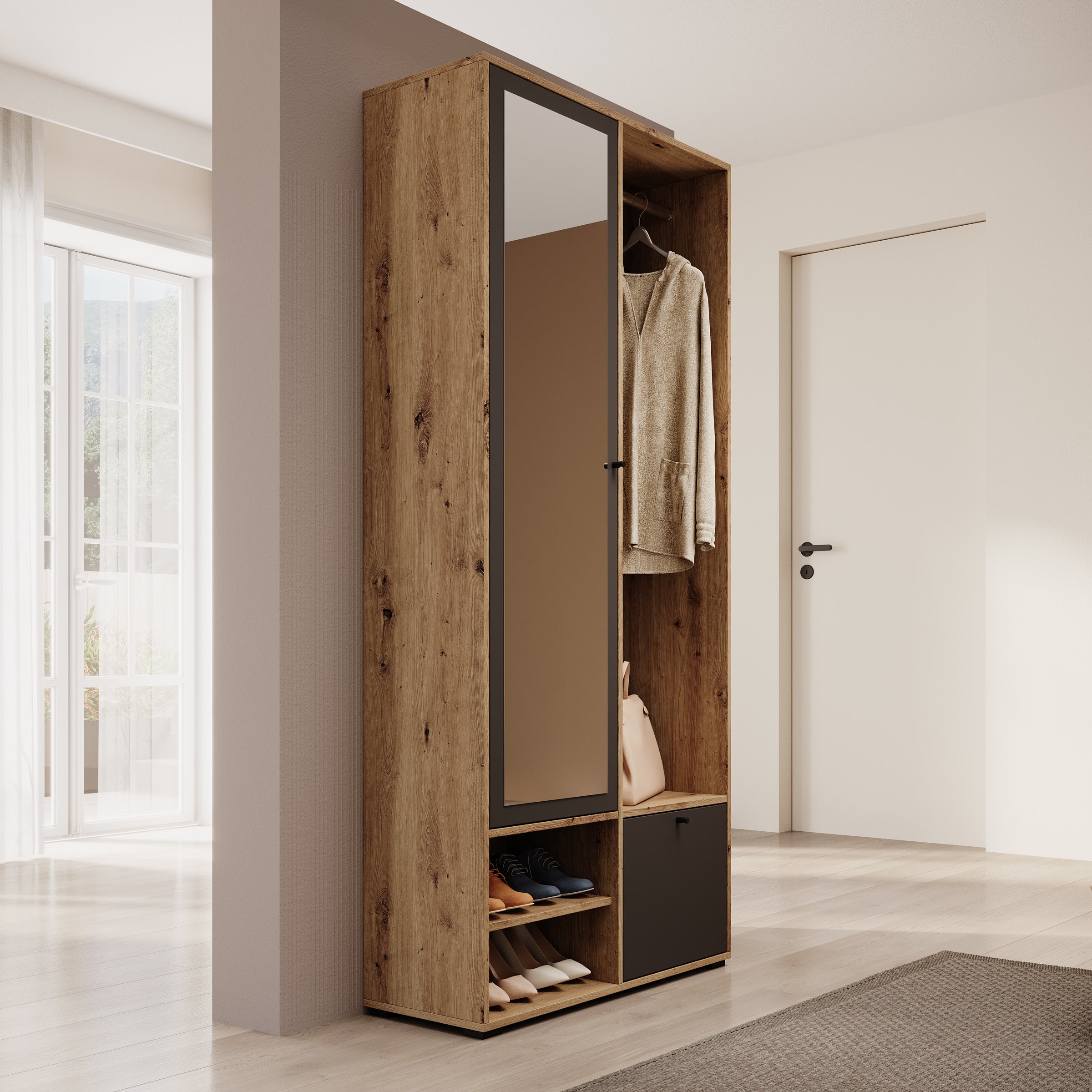 Deacon - Halkast met 2 deuren - Eiken/Zwart - 90x33x190 cm