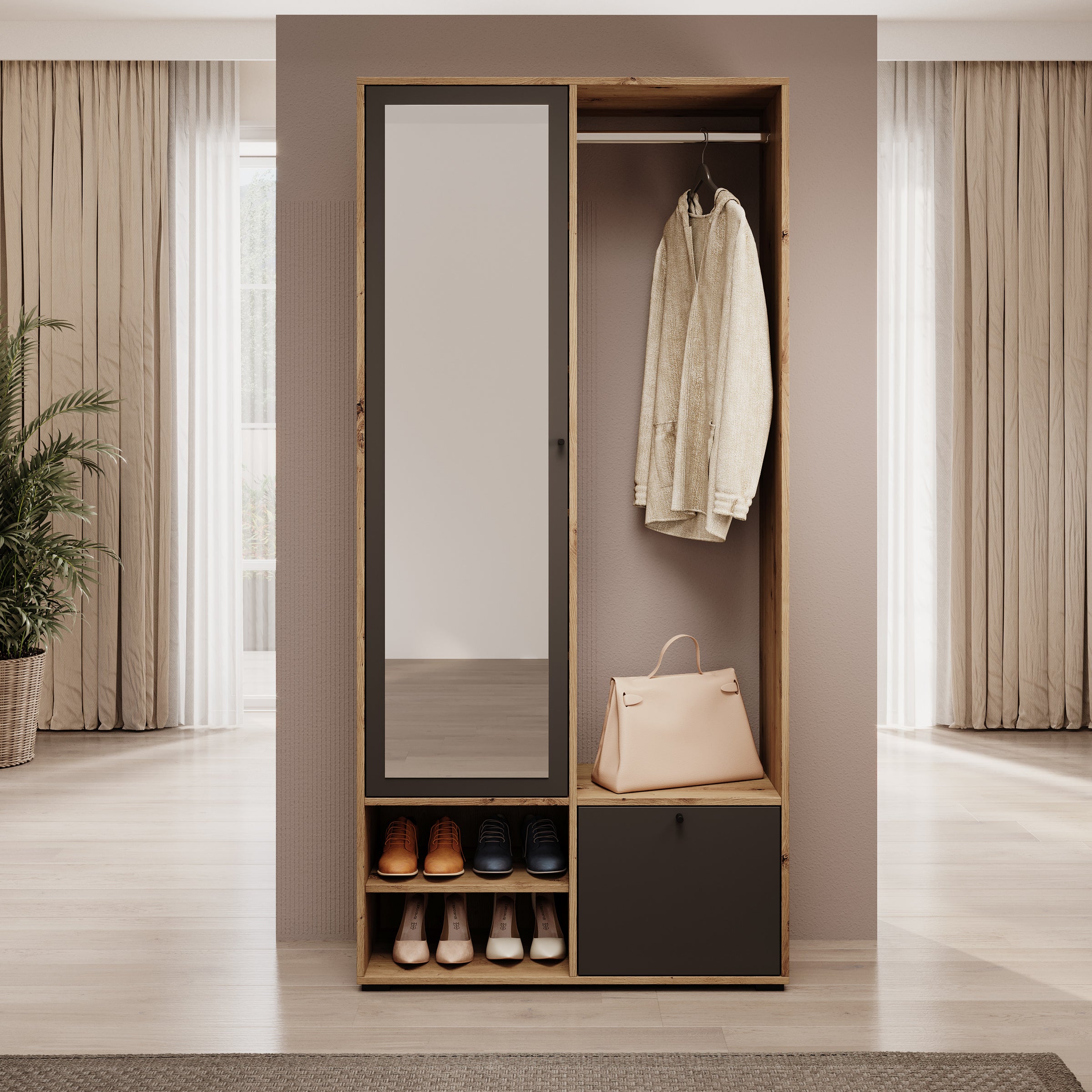 Deacon - Halkast met 2 deuren - Eiken/Zwart - 90x33x190 cm