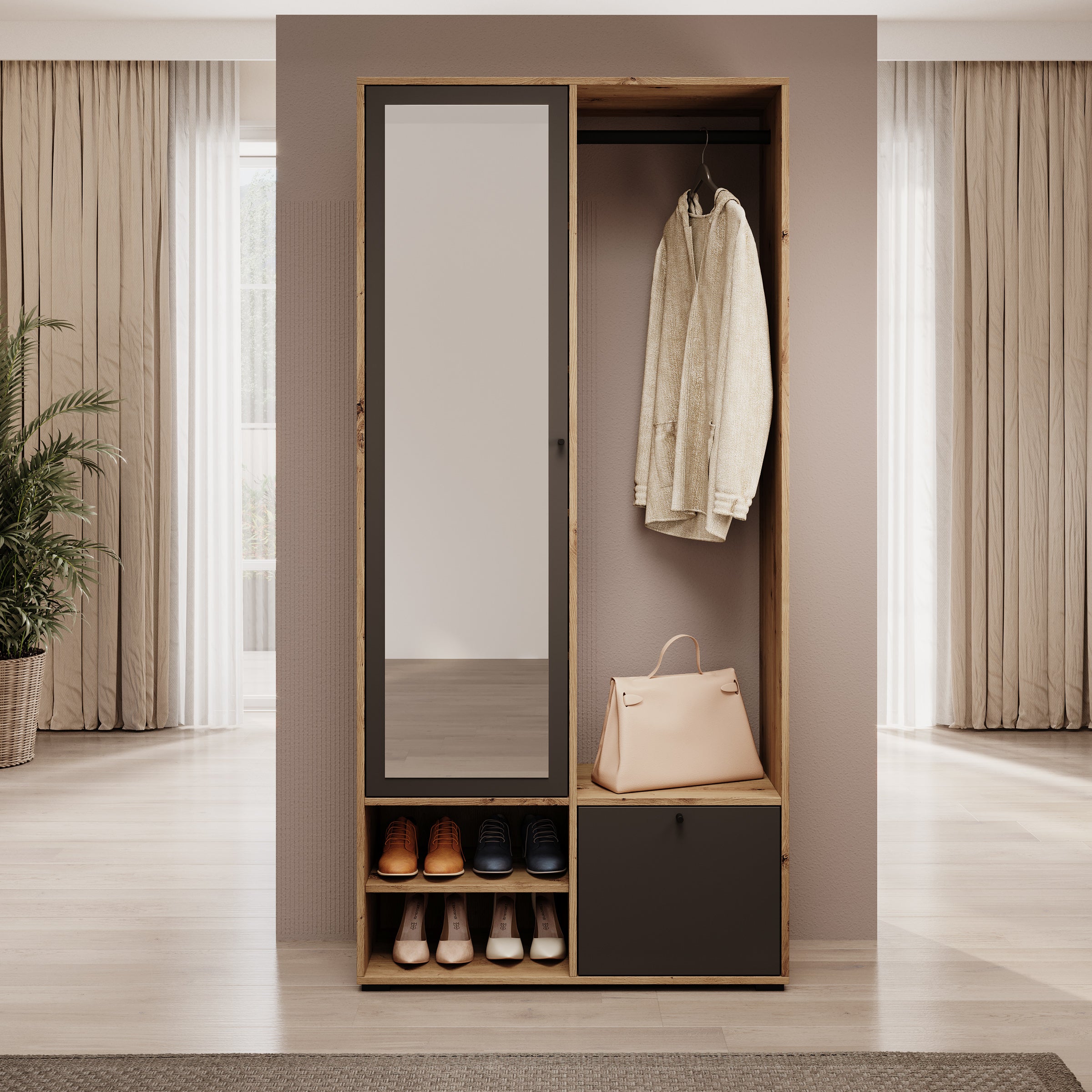 Deacon - Halkast met 2 deuren - Eiken/Zwart - 90x33x190 cm