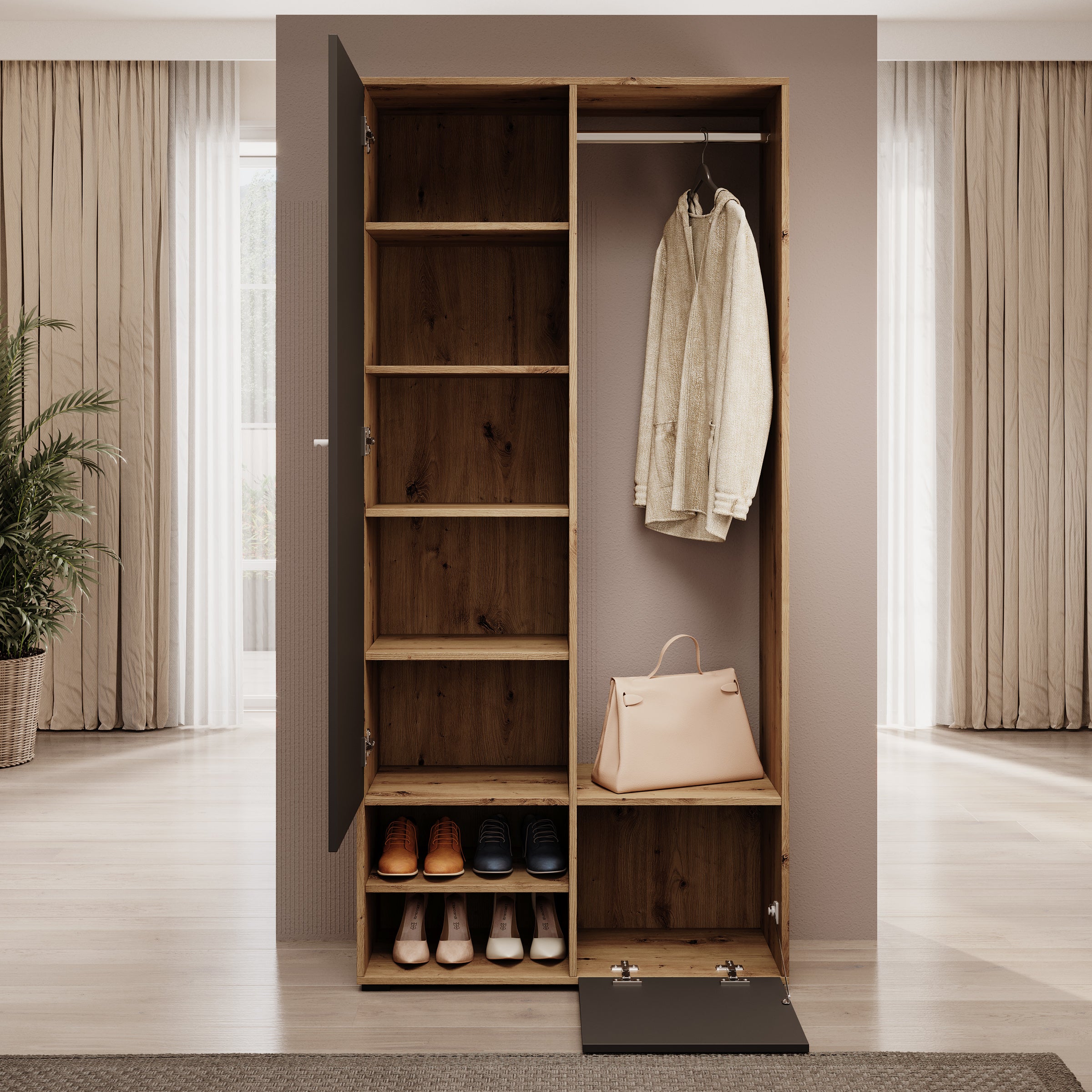 Deacon - Halkast met 2 deuren - Eiken/Zwart - 90x33x190 cm