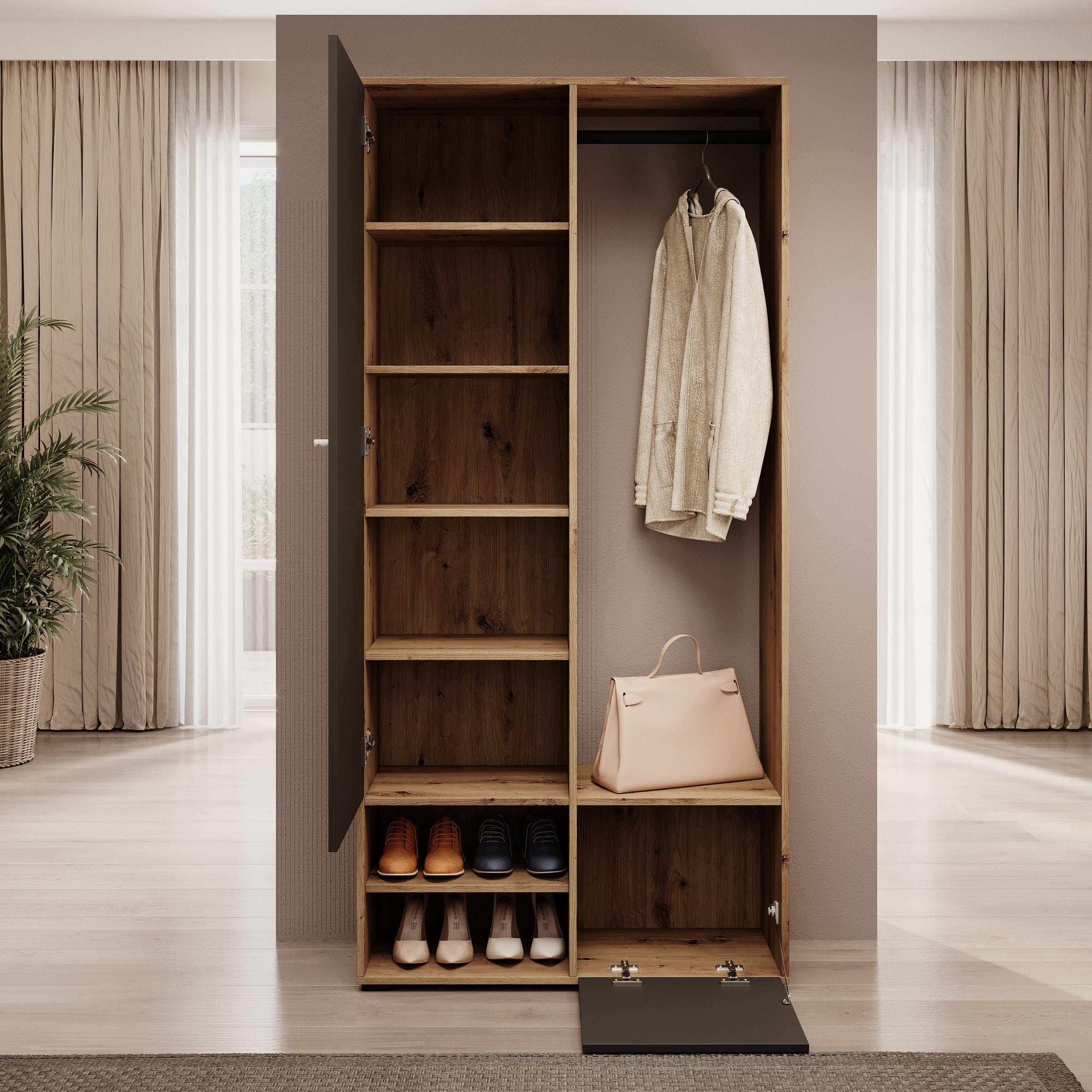 Deacon - Halkast met 2 deuren - Eiken/Zwart - 90x33x190 cm
