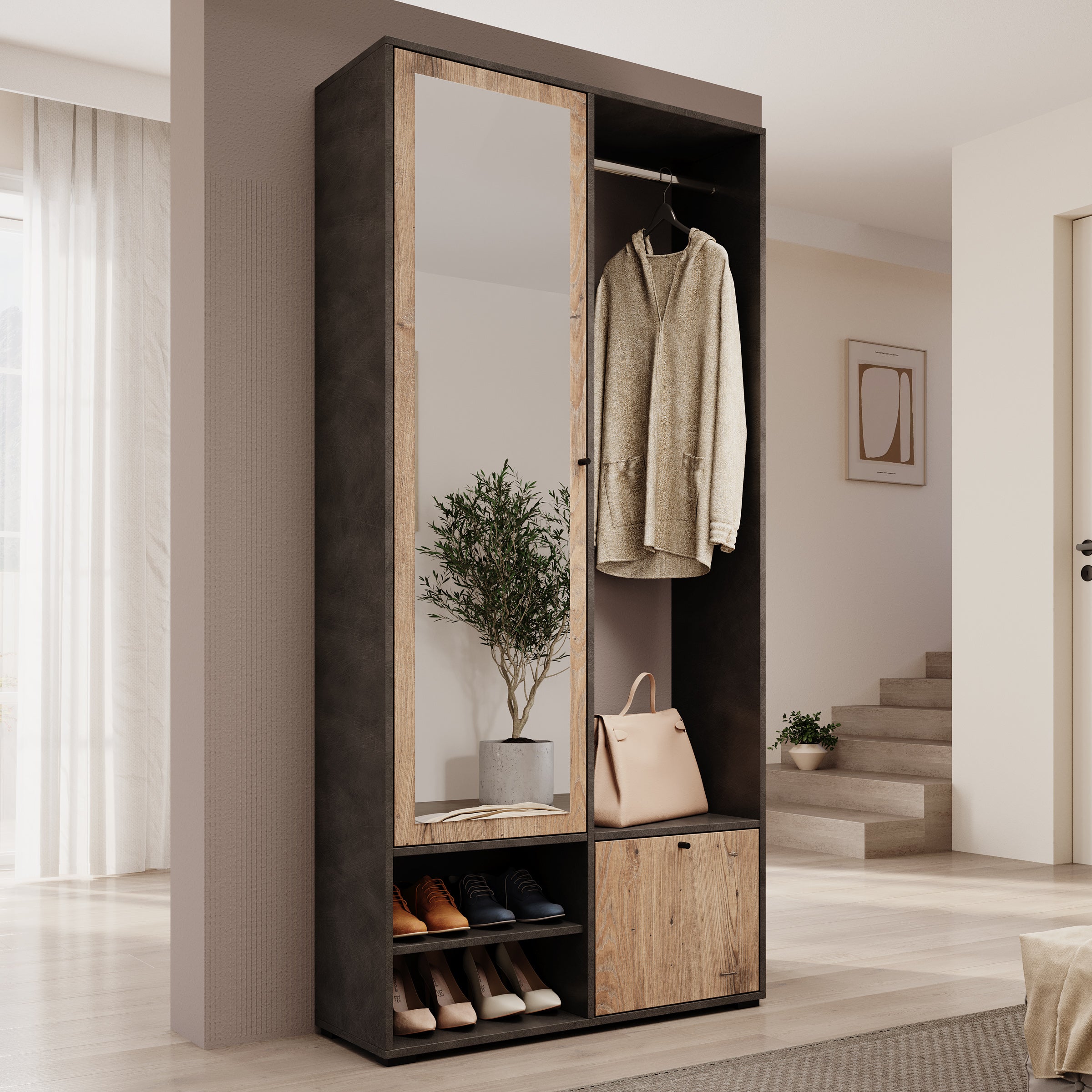 Deacon - Halkast met 2 deuren - Grijs/Eiken - 90x33x190 cm