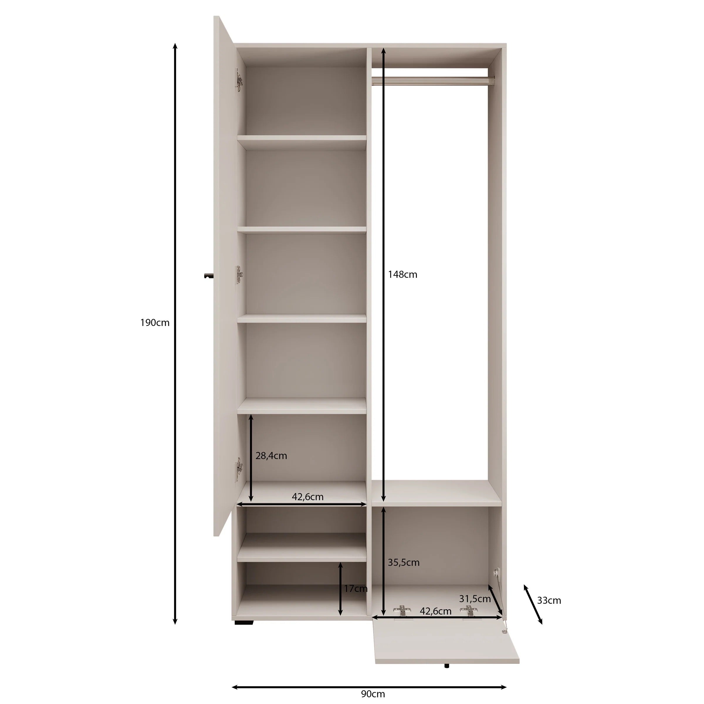 Deacon - Halkast met 2 deuren - Grijs/Eiken - 90x33x190 cm