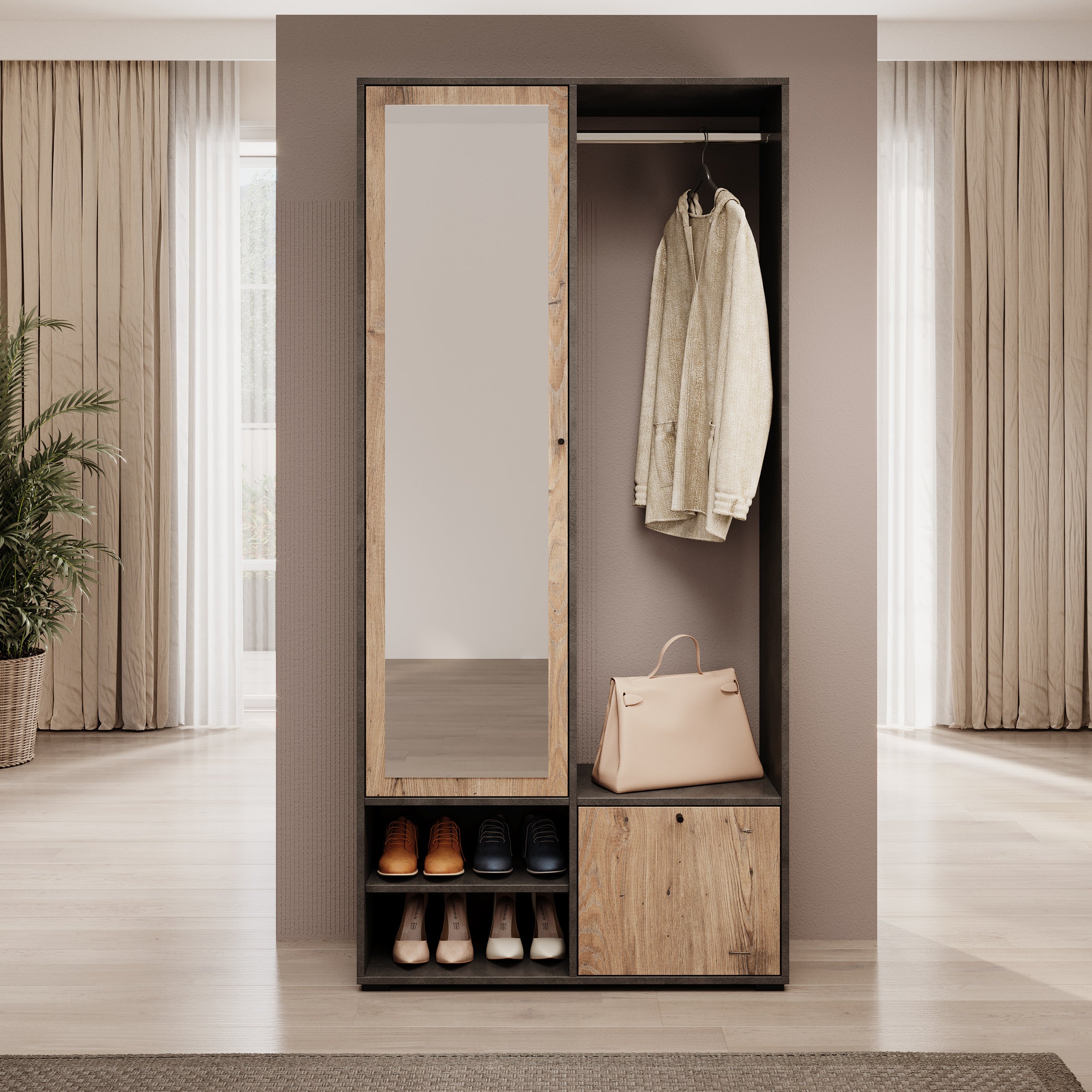 Deacon - Halkast met 2 deuren - Grijs/Eiken - 90x33x190 cm