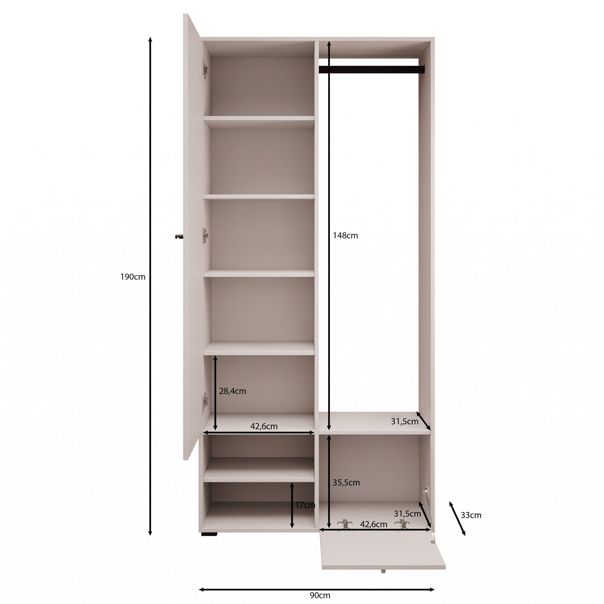 Deacon - Halkast met 2 deuren - Zwart - 90x33x190 cm