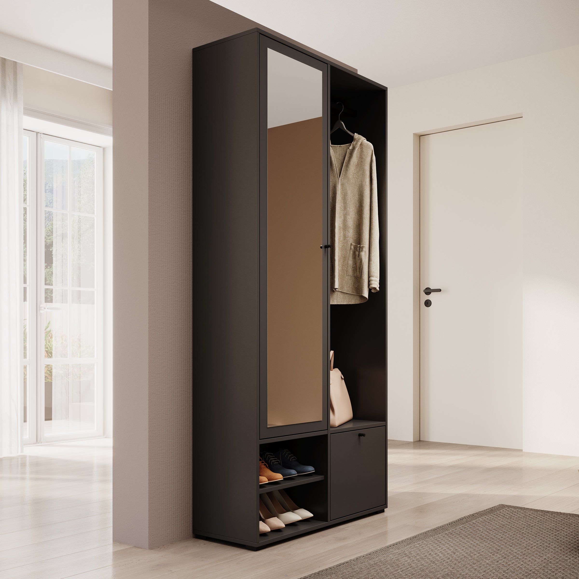 Deacon - Halkast met 2 deuren - Zwart - 90x33x190 cm