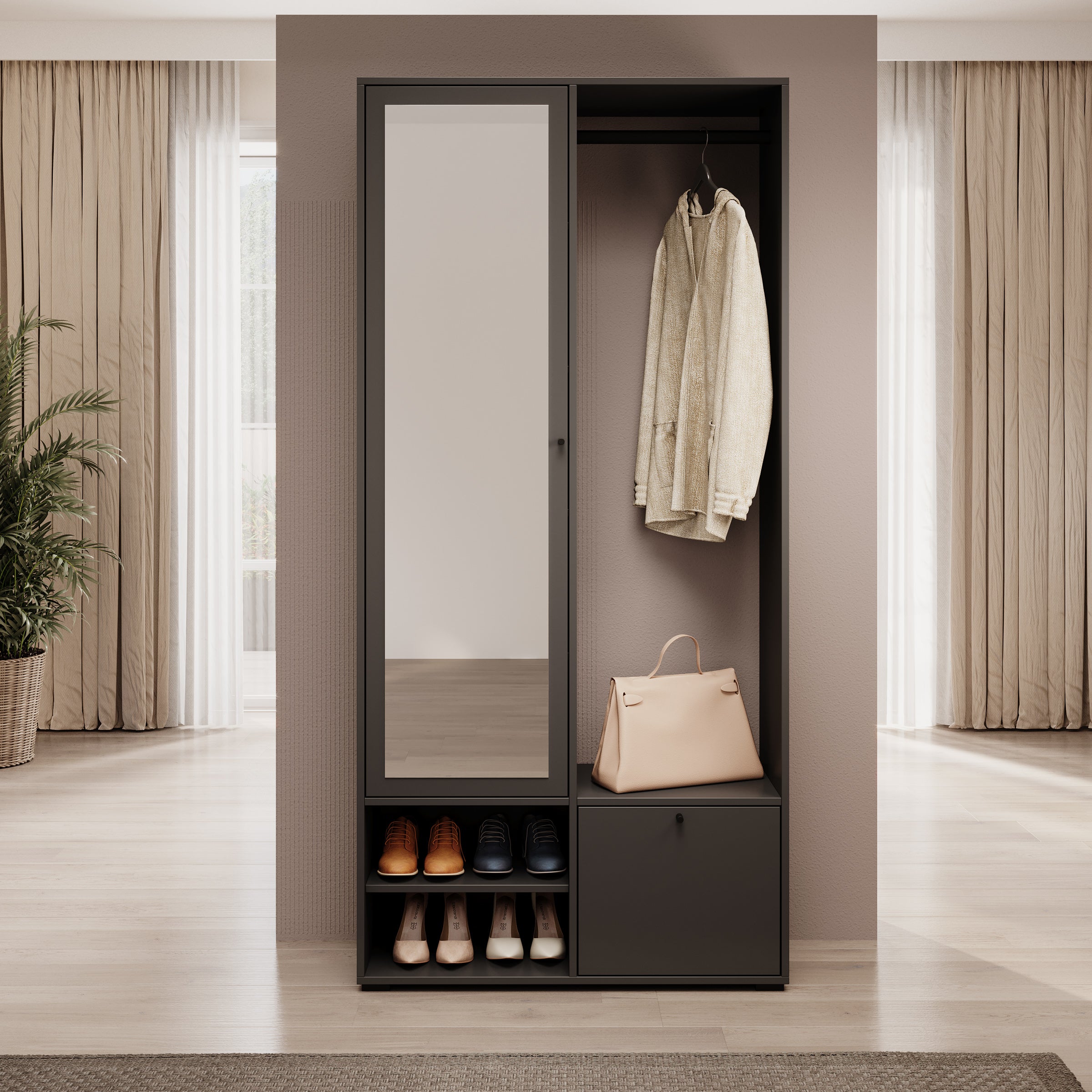 Deacon - Halkast met 2 deuren - Zwart - 90x33x190 cm