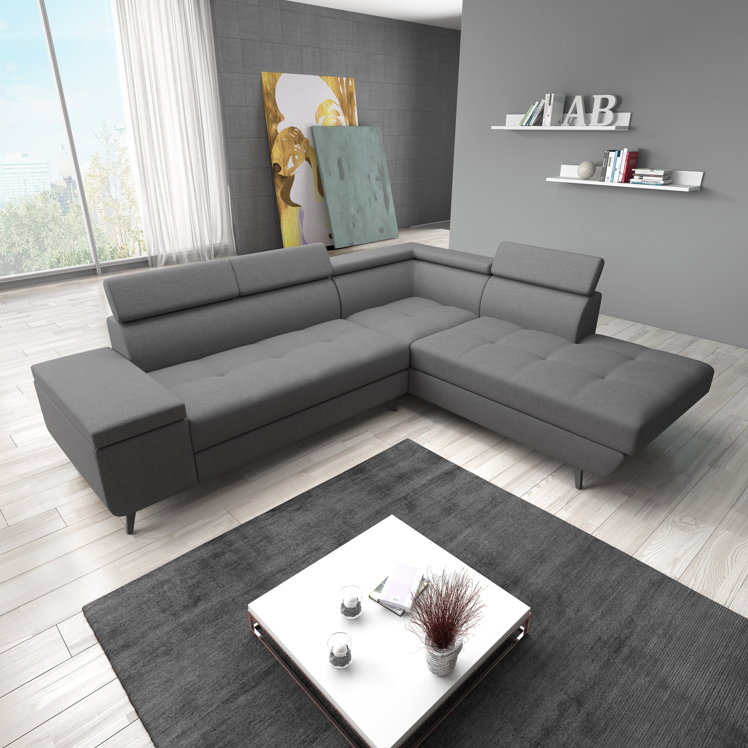 Destiny - Hoekbank 4-zits - Stof grijs - Rechts - 265x224x78 cm
