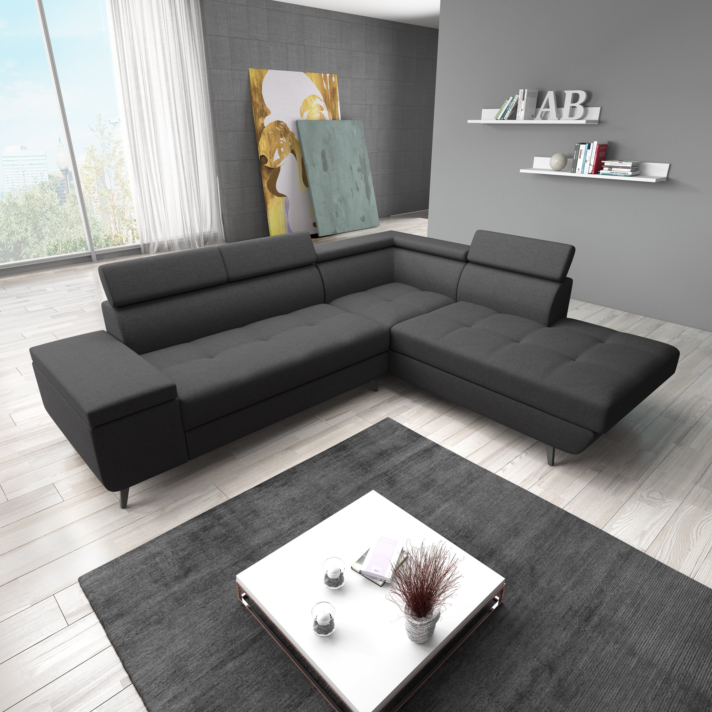 Destiny - Hoekbank 4-zits - Stof zwart - Rechts - 265x224x78 cm