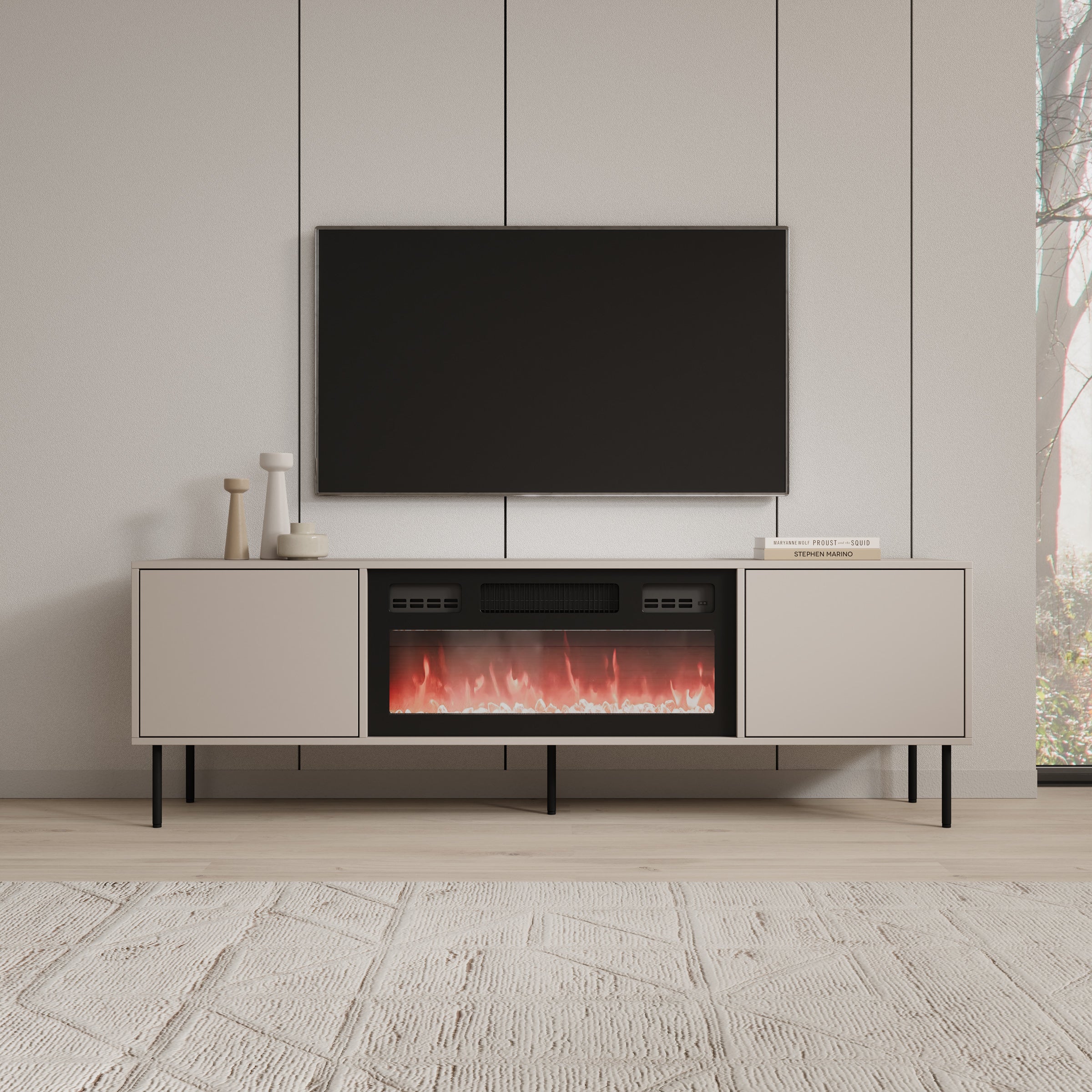 Dimora - TV-Meubel met sfeerhaard - Beige - 183x40x60 cm