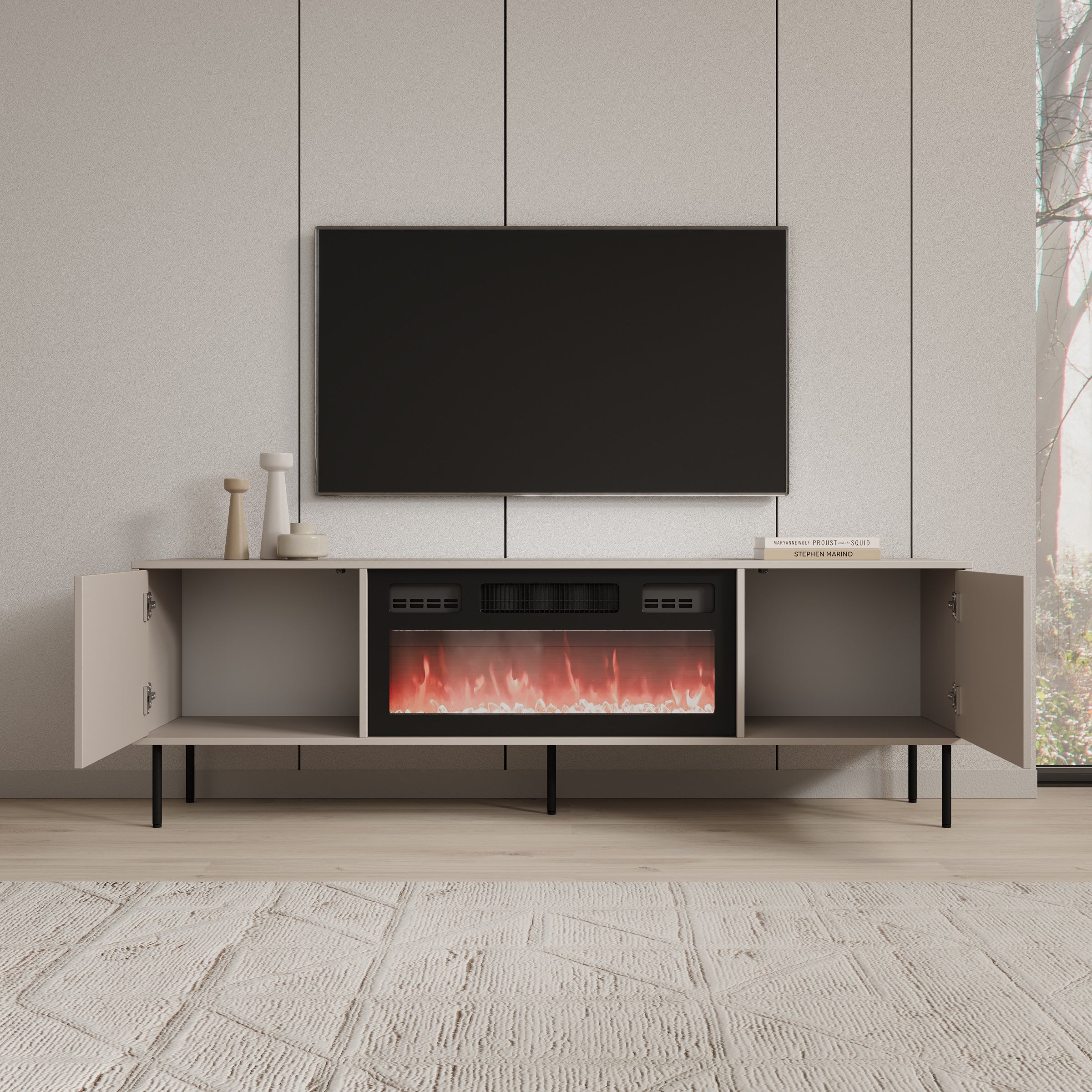 Dimora - TV-Meubel met sfeerhaard - Beige - 183x40x60 cm