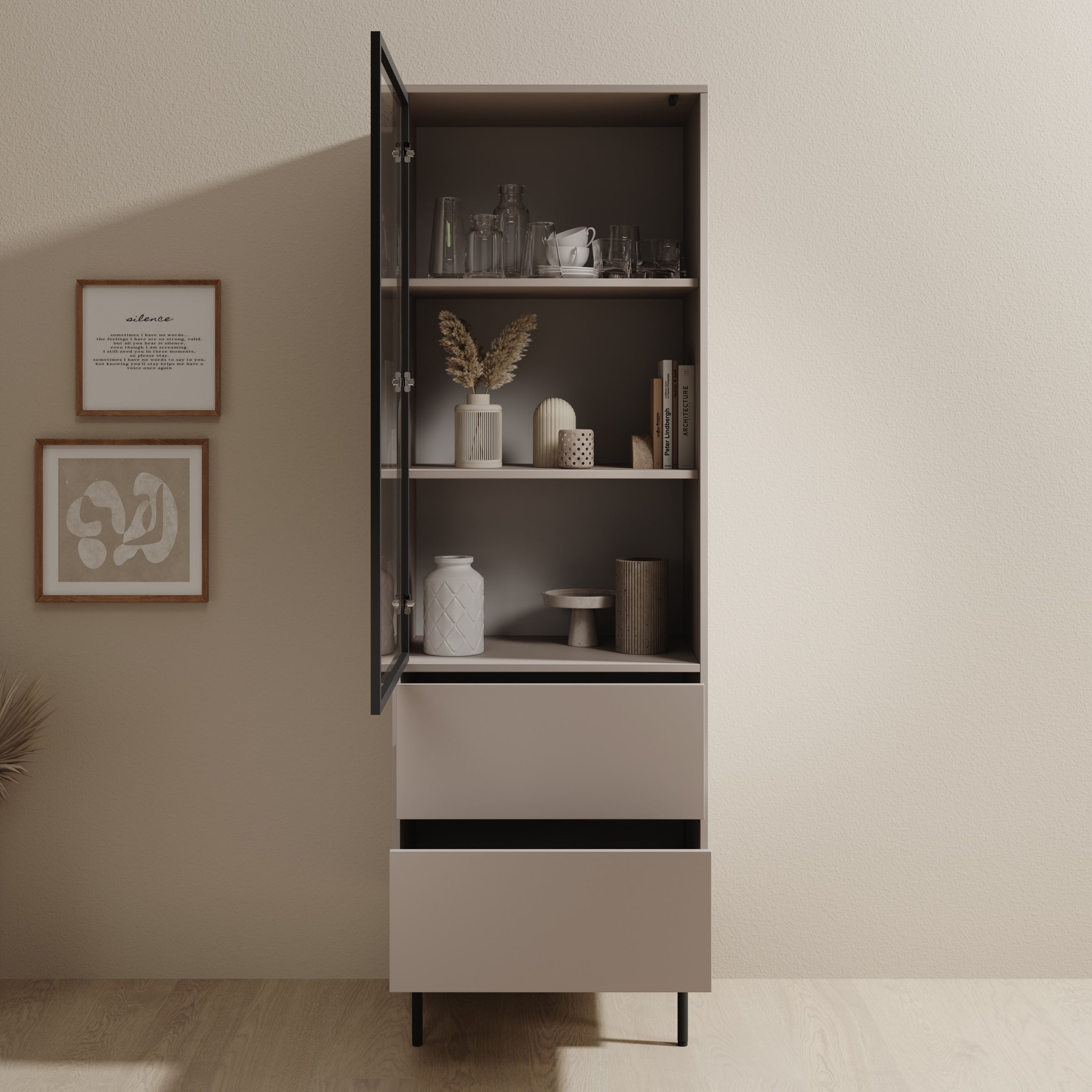 Dimora - Vitrinekast - Beige - 60x40x185 cm