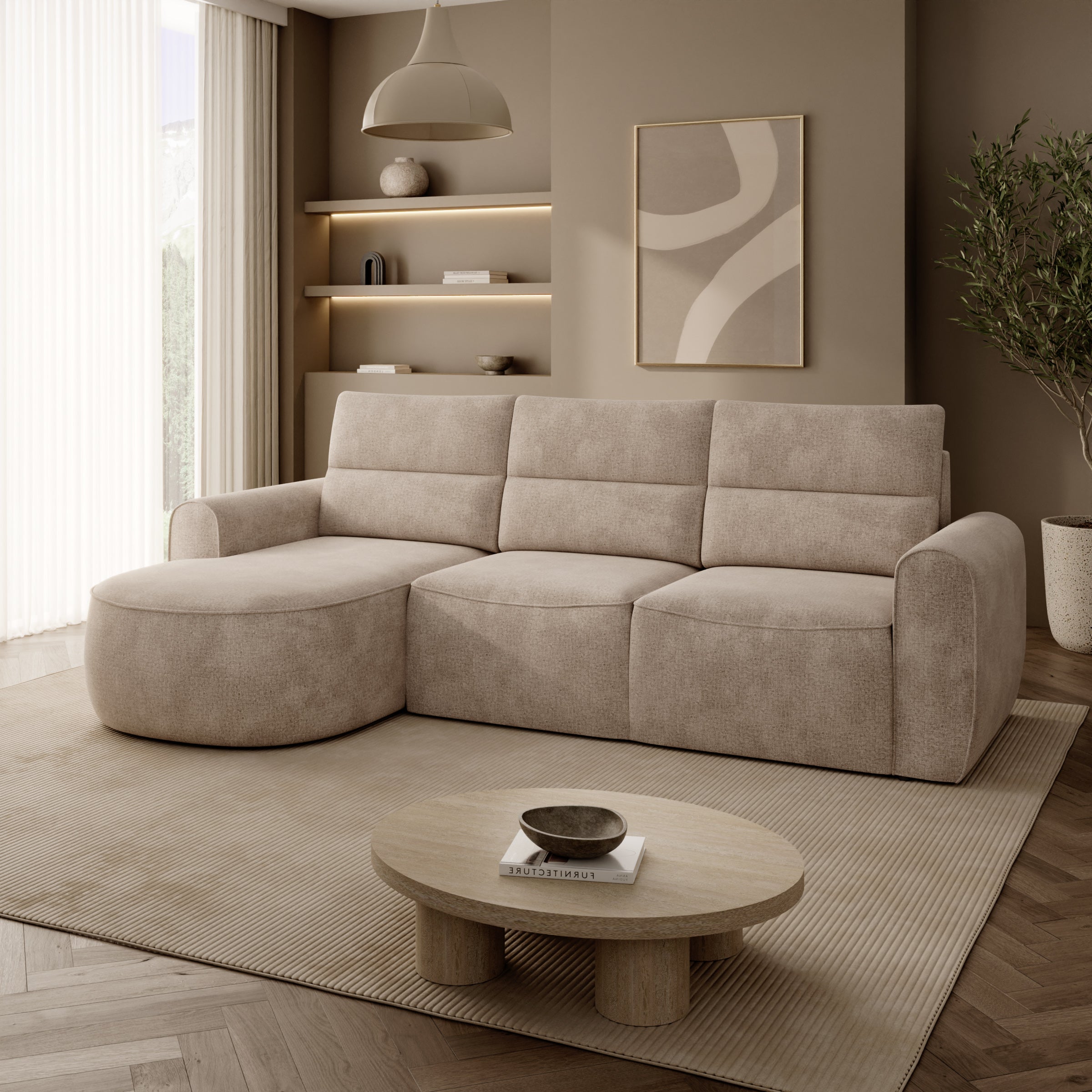 Doval - Hoekbank 3-zits met chaise longue - Stof beige - Links