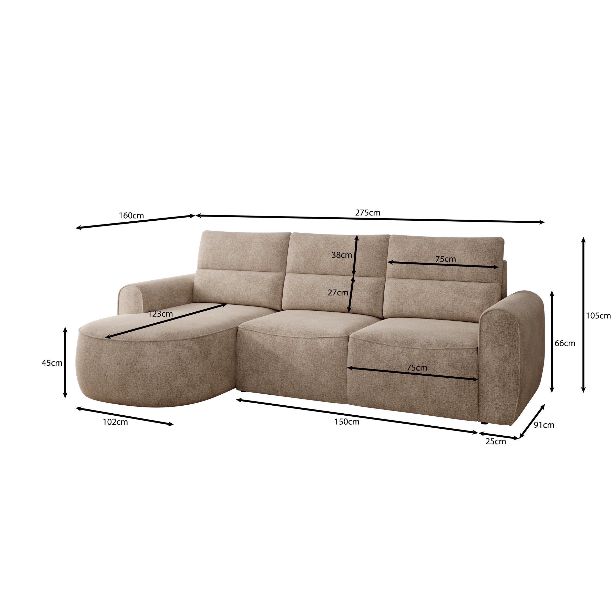Doval - Hoekbank 3-zits met chaise longue - Stof beige - Links