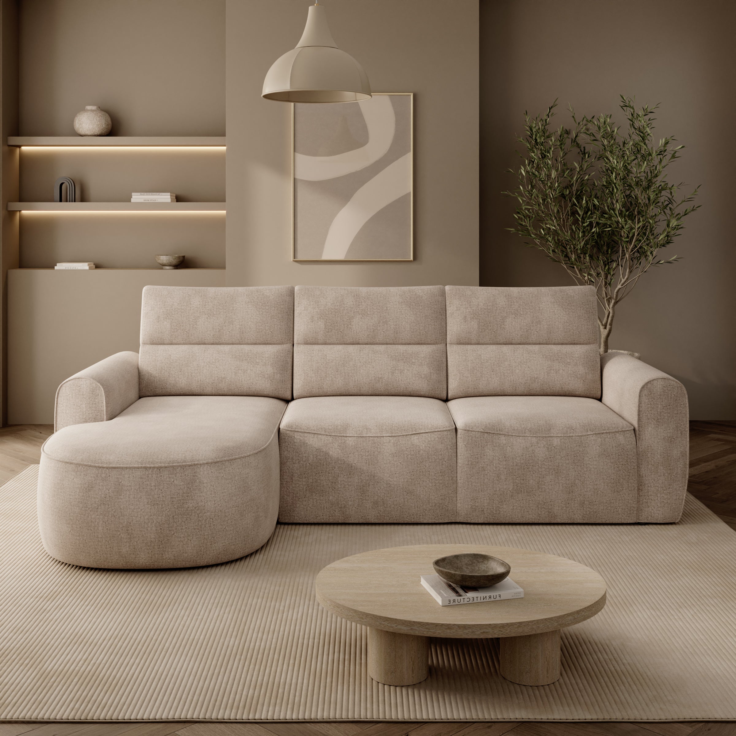 Doval - Hoekbank 3-zits met chaise longue - Stof beige - Links
