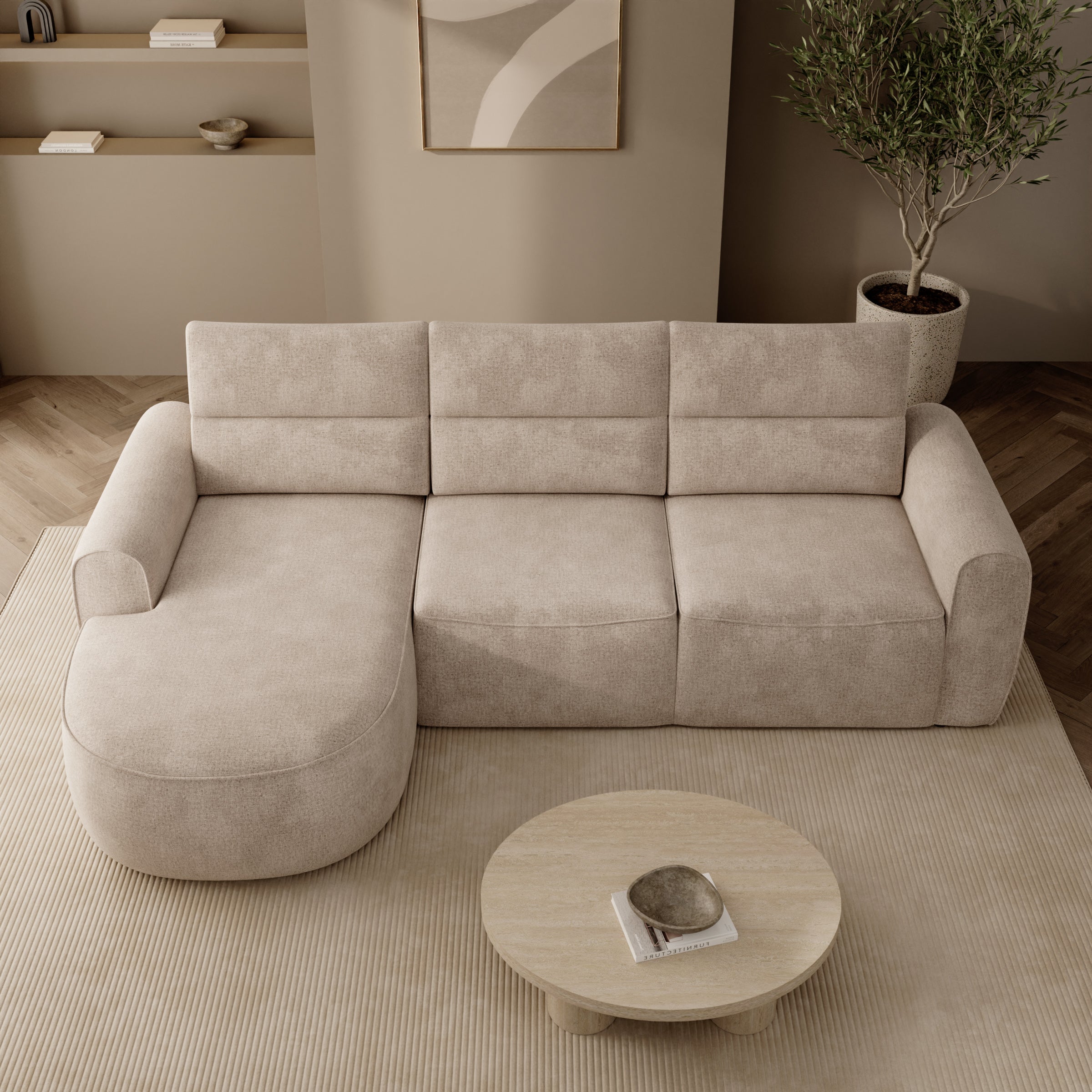 Doval - Hoekbank 3-zits met chaise longue - Stof beige - Links