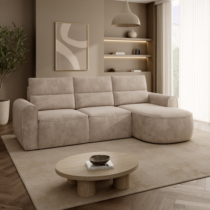 Doval - Hoekbank 3-zits met chaise longue - Stof beige - Rechts