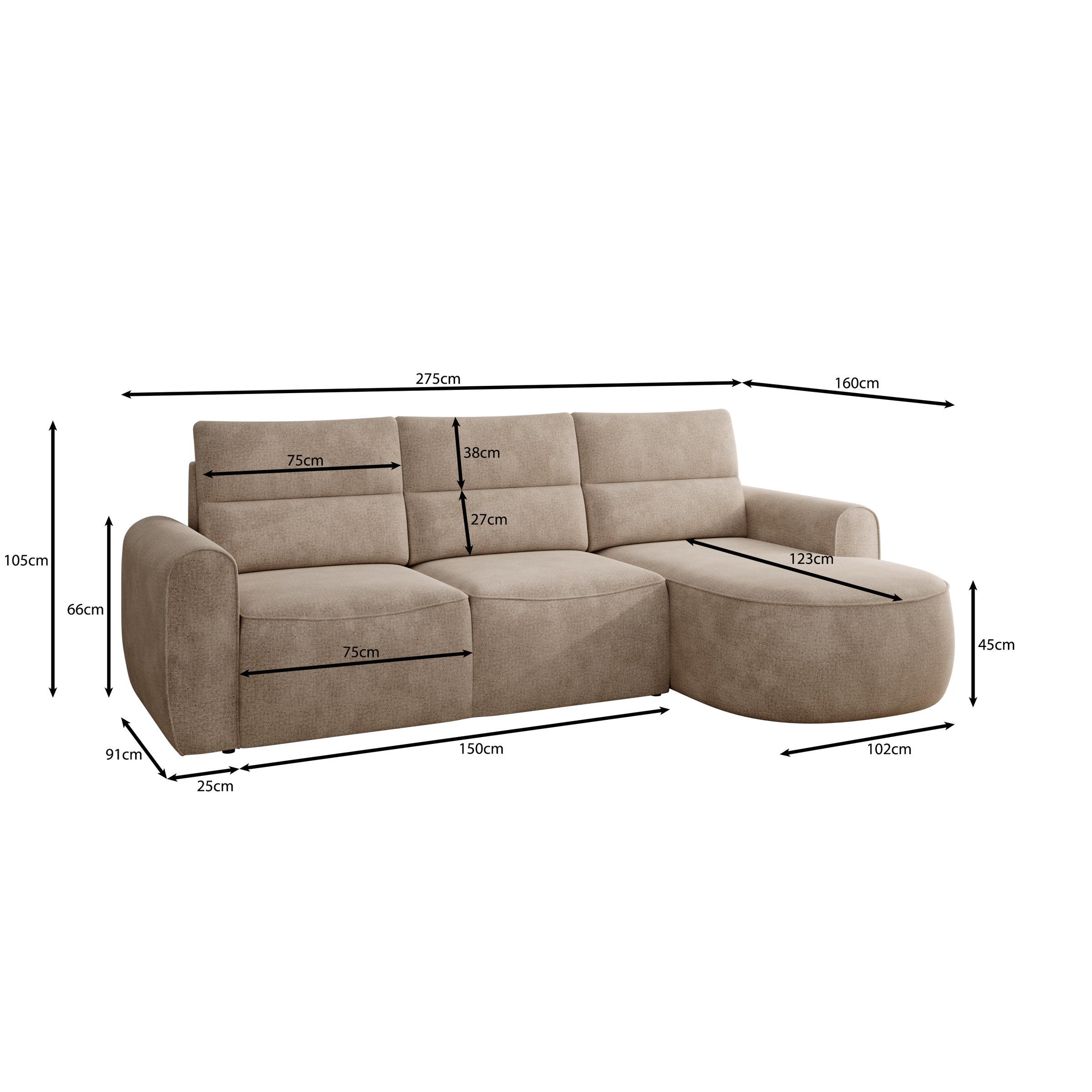 Doval - Hoekbank 3-zits met chaise longue - Stof beige - Rechts