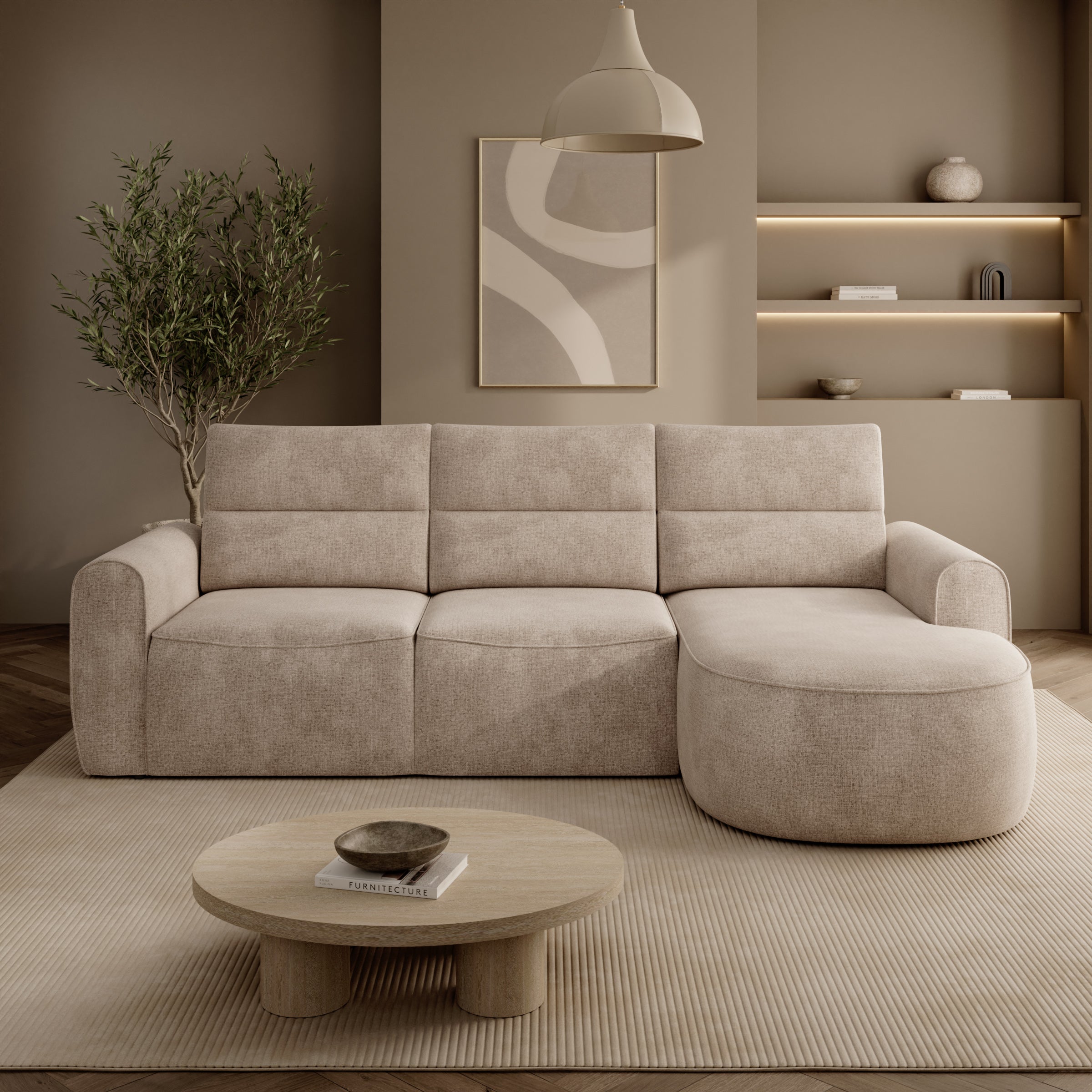 Doval - Hoekbank 3-zits met chaise longue - Stof beige - Rechts