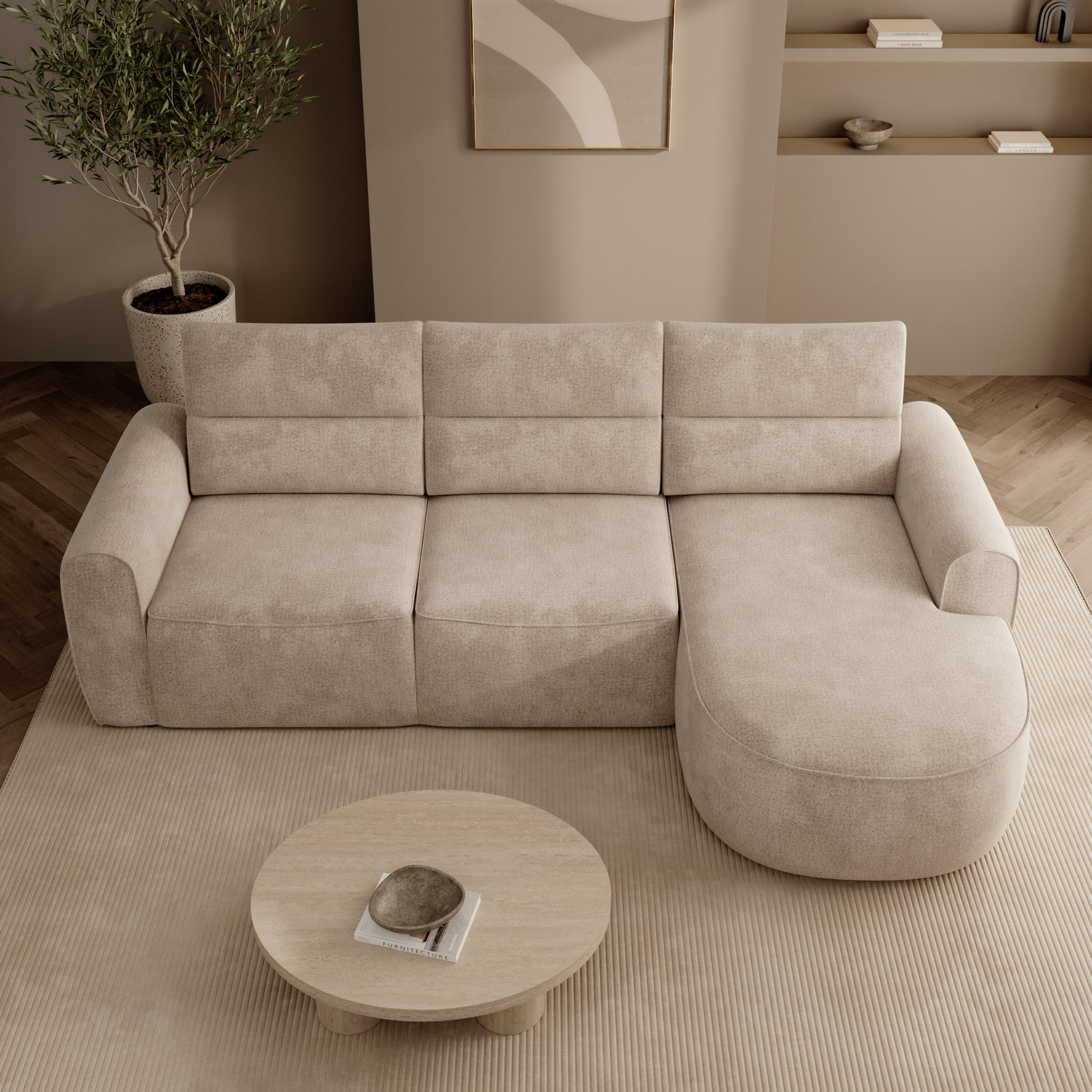 Doval - Hoekbank 3-zits met chaise longue - Stof beige - Rechts