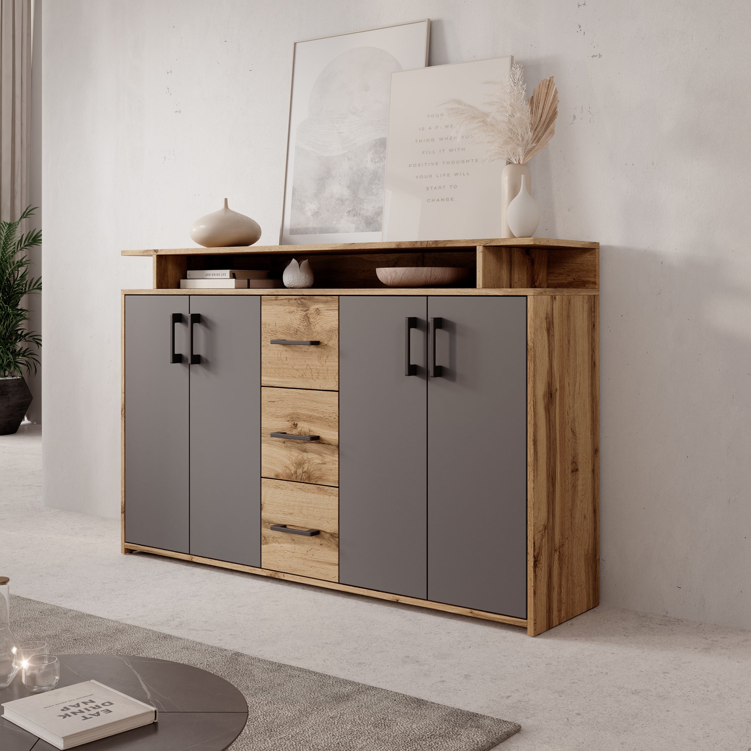 Duna 2 - Dressoir - Eikenpatroon/Antraciet - 139x34x90 cm