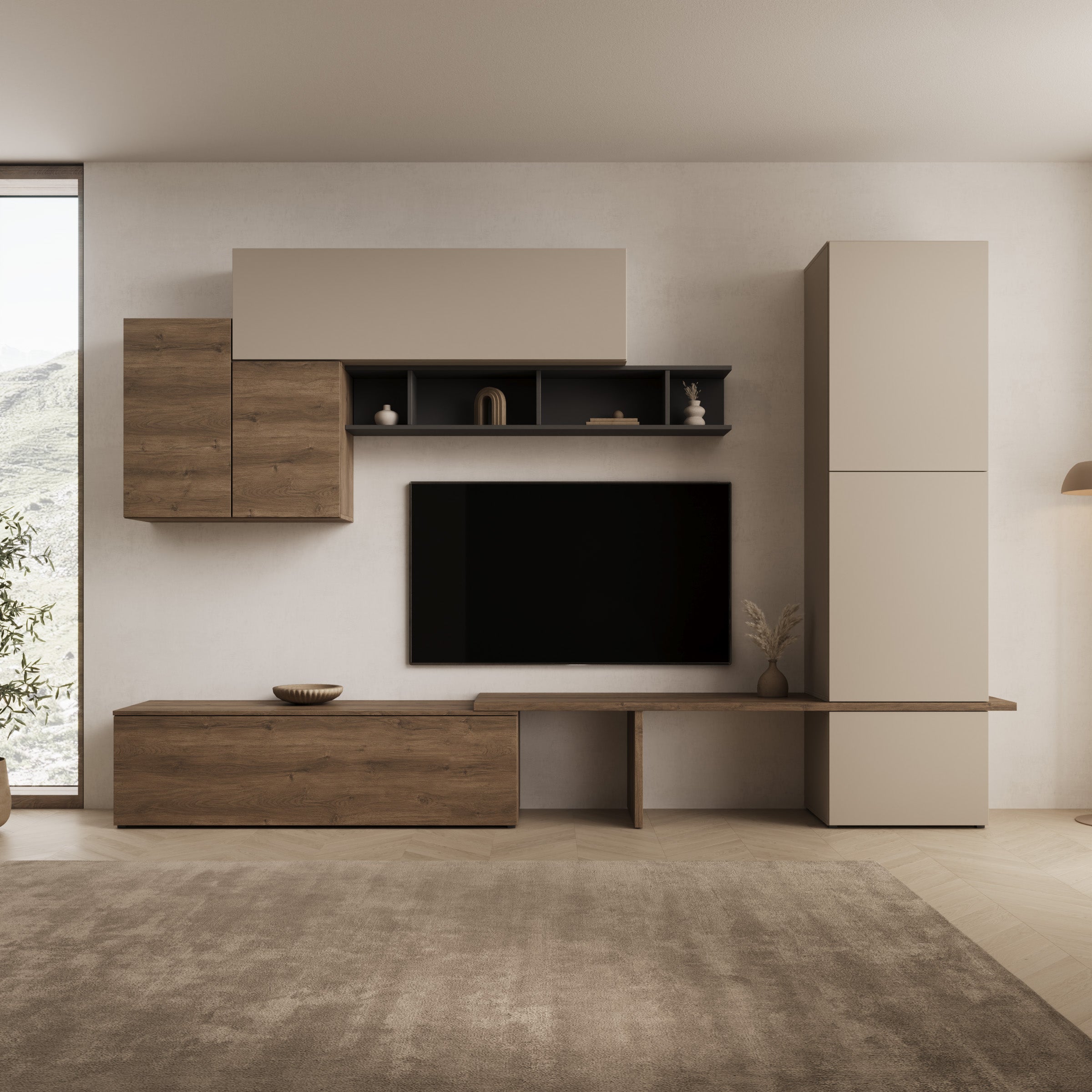 Dutch - Wandmeubel - Walnootpatroon/Beige - 308x39x201 cm