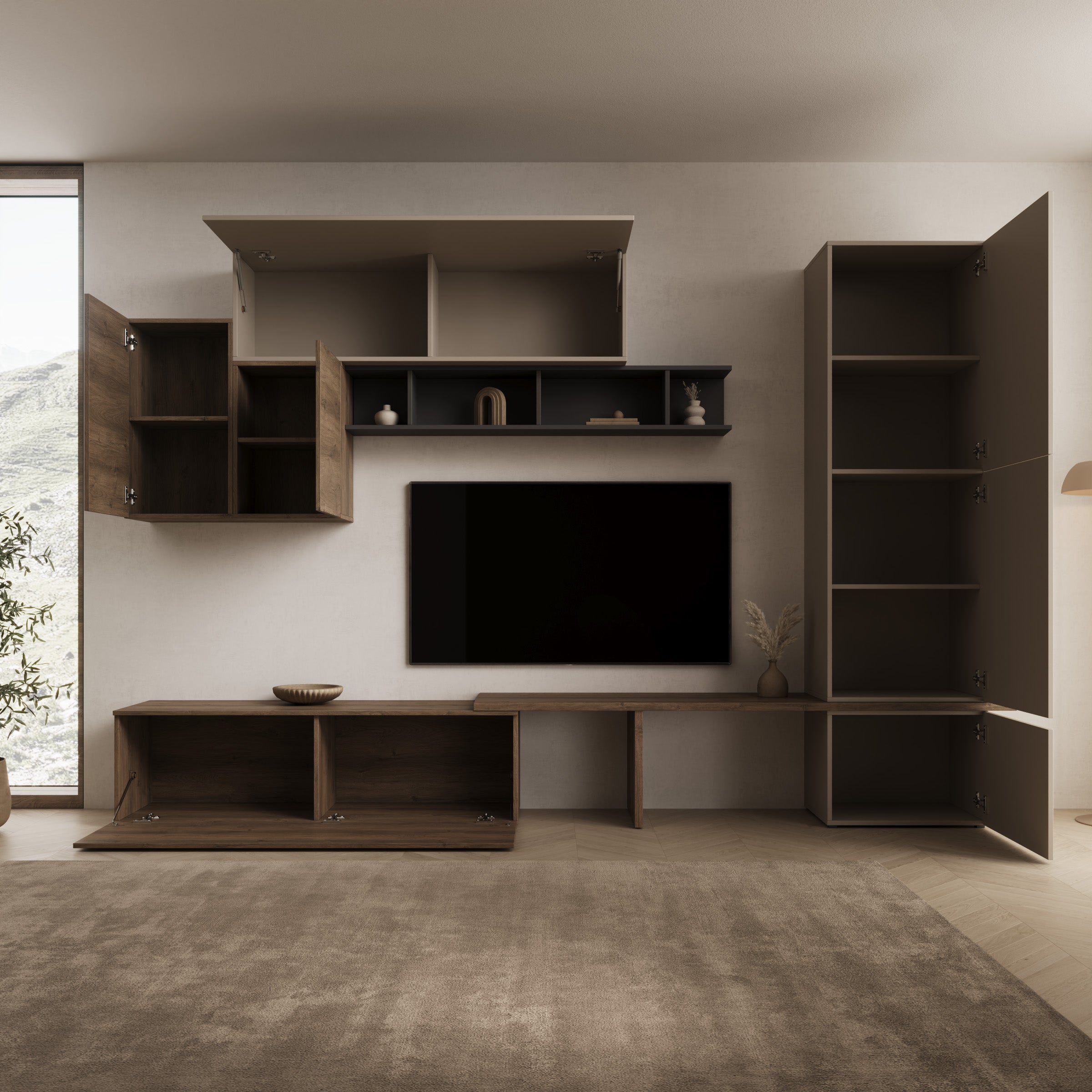Dutch - Wandmeubel - Walnootpatroon/Beige - 308x39x201 cm