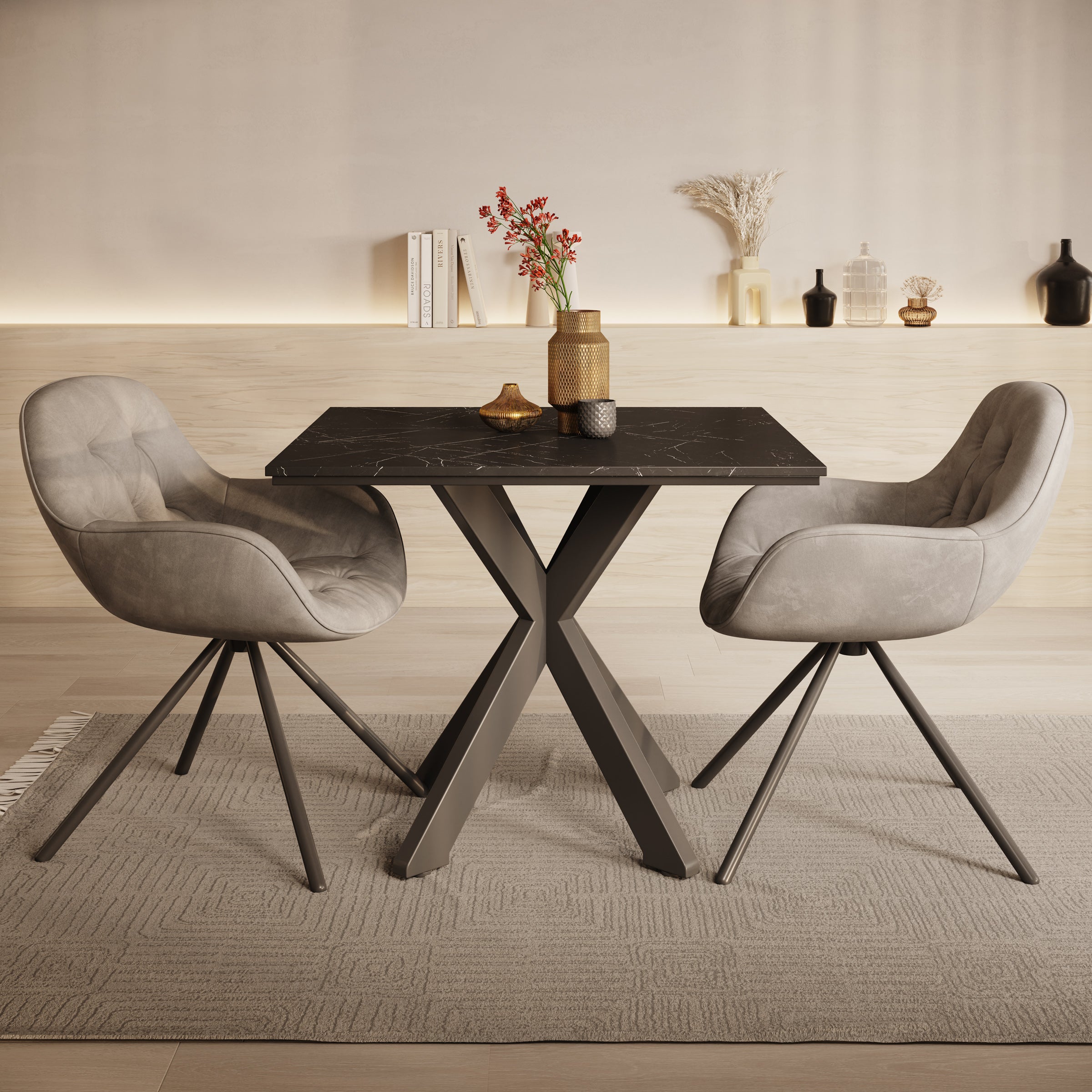 Pacey - Eetkamertafel - Zwart marmerlook - 90x90x74 cm